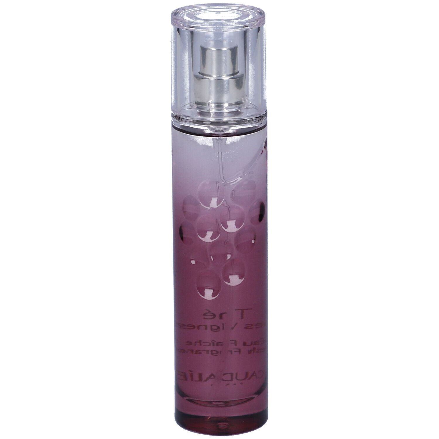 Flacone cilindrico con vaporizzatore. Sfumatura da trasparente a viola. Scritta Caudalie.