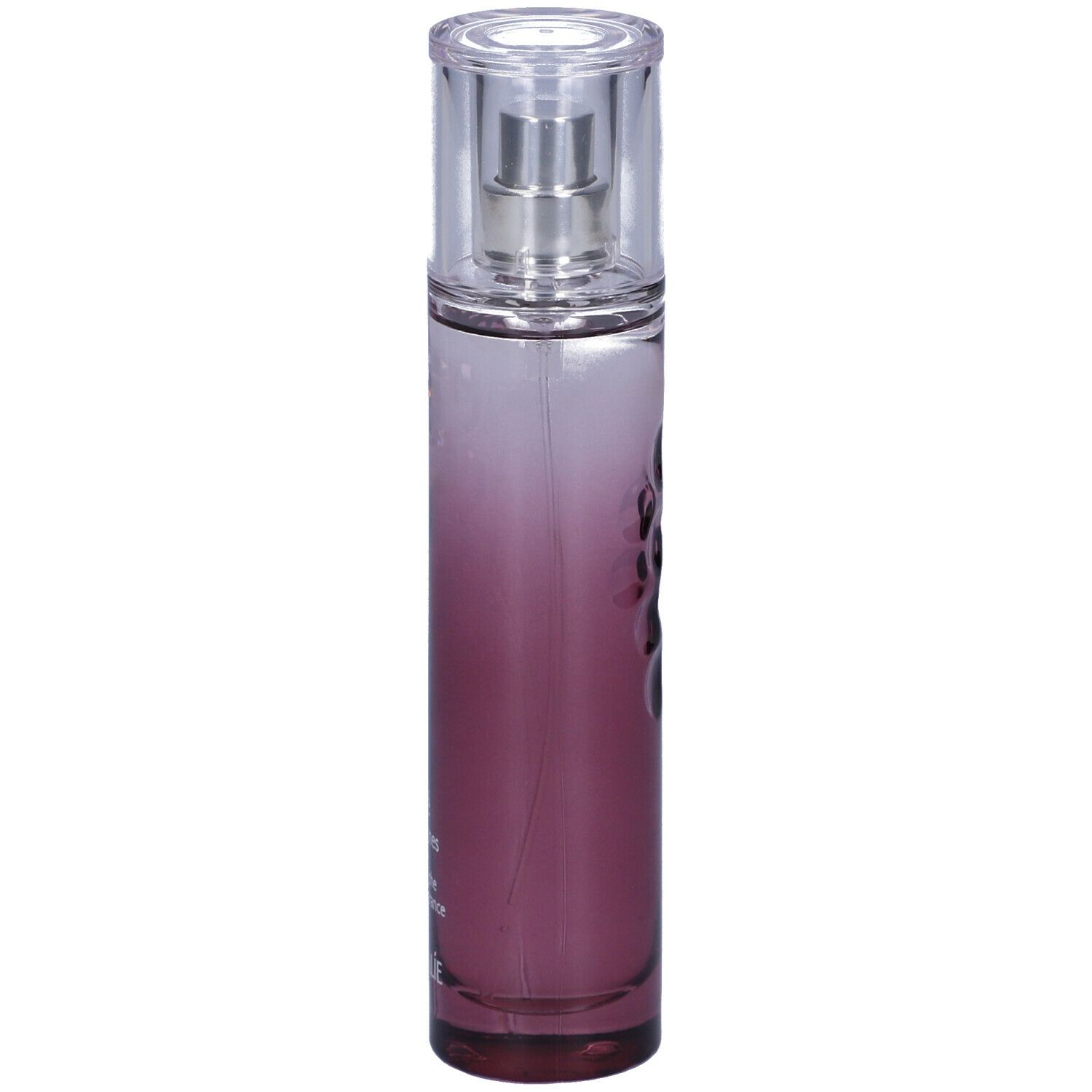 Flacone cilindrico con vaporizzatore. Sfumatura da trasparente a viola. Scritta Caudalie.