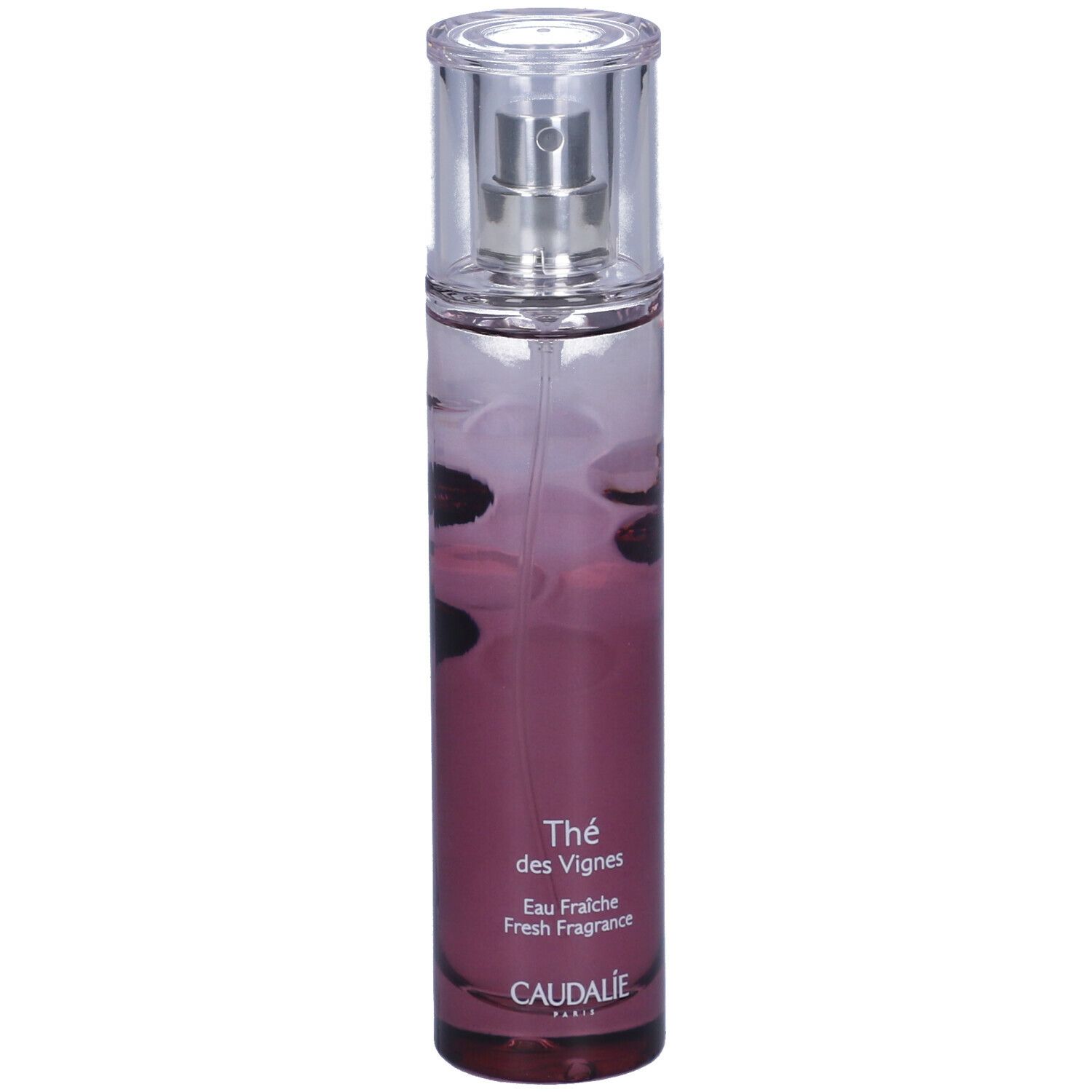 Flacone cilindrico con vaporizzatore. Scritte: Thé des Vignes, Eau Fraîche, Caudalie. Sfumatura da trasparente a viola.