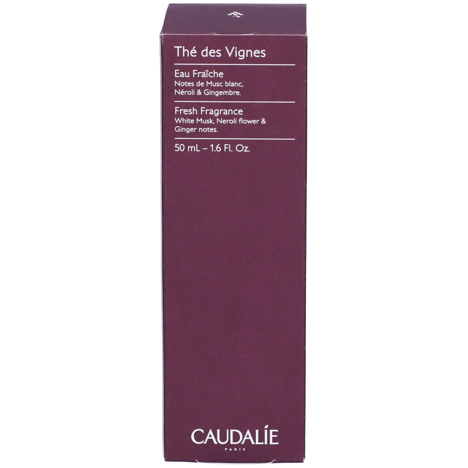 Confezione rettangolare, viola. Scritte: Thé des Vignes, Caudalie, 50 ml - 1.6 Fl. Oz.