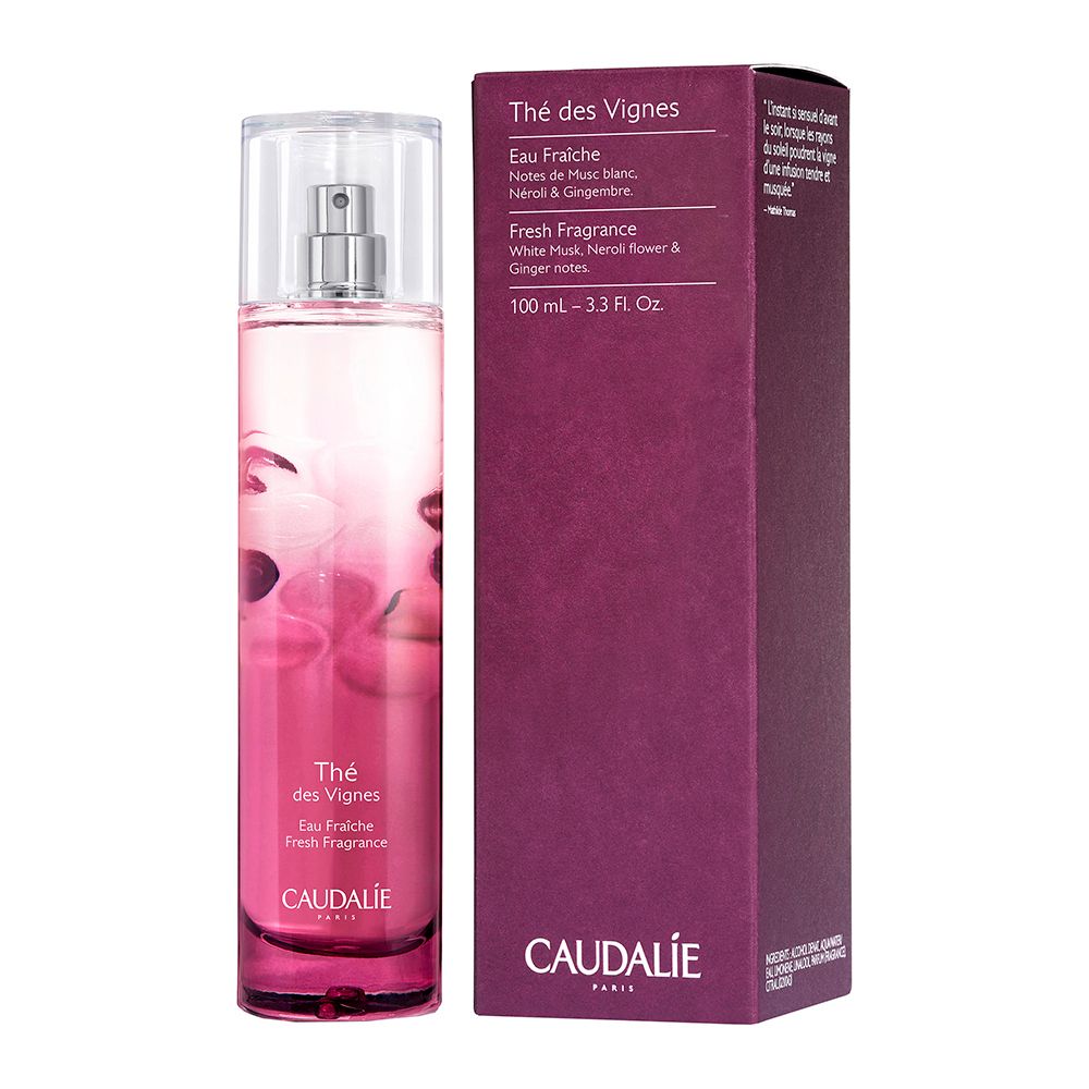 Flacone e confezione Caudalie Thé des Vignes Eau Fraîche. Sfumatura rosa, tappo trasparente, sfondo bianco.