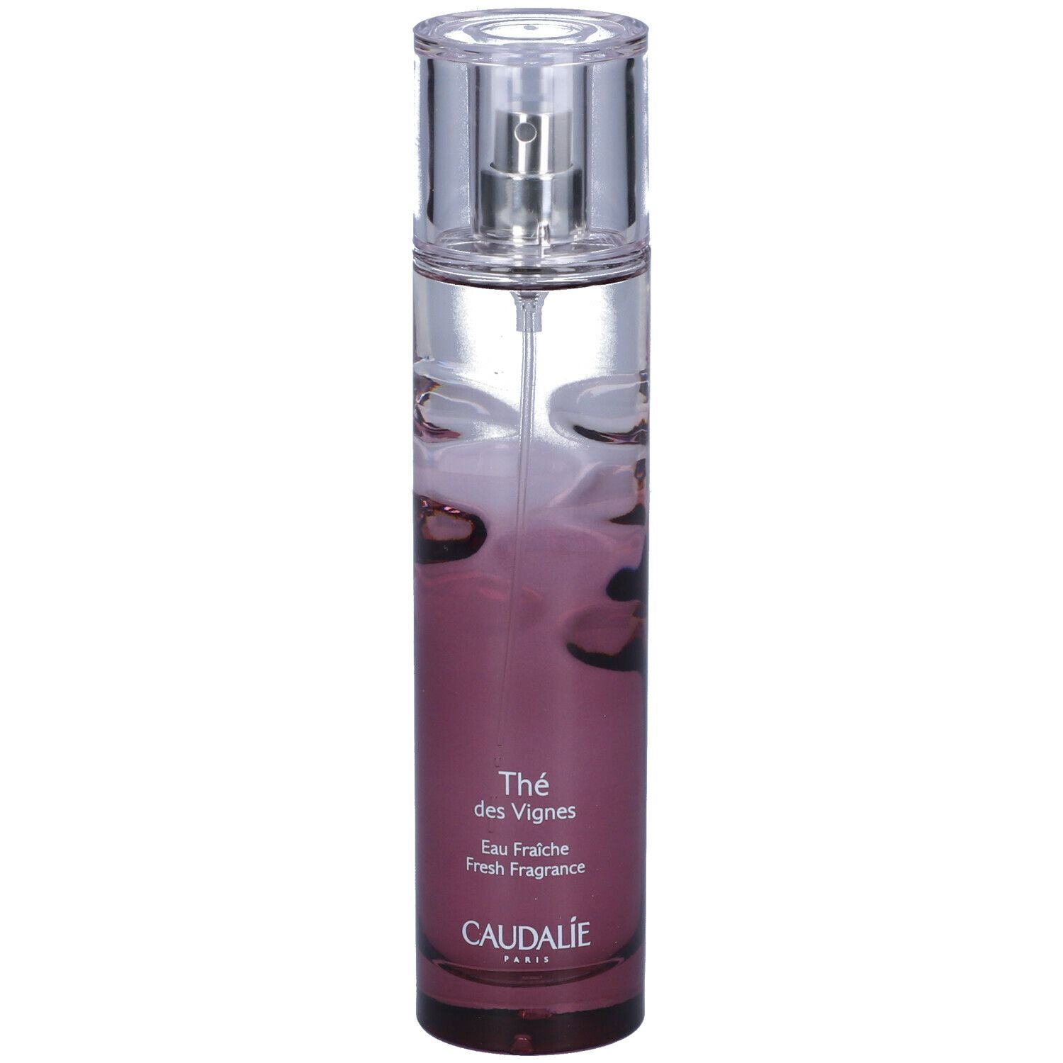 Flacone Caudalie Thé des Vignes Eau Fraîche. Sfumatura rosa, tappo trasparente, sfondo bianco.