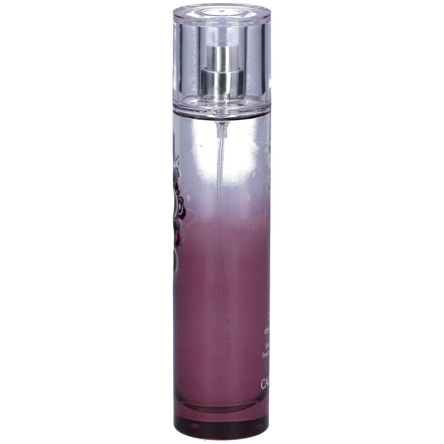 Flacone Caudalie Thé des Vignes Eau Fraîche. Sfumatura rosa, tappo trasparente, sfondo bianco.