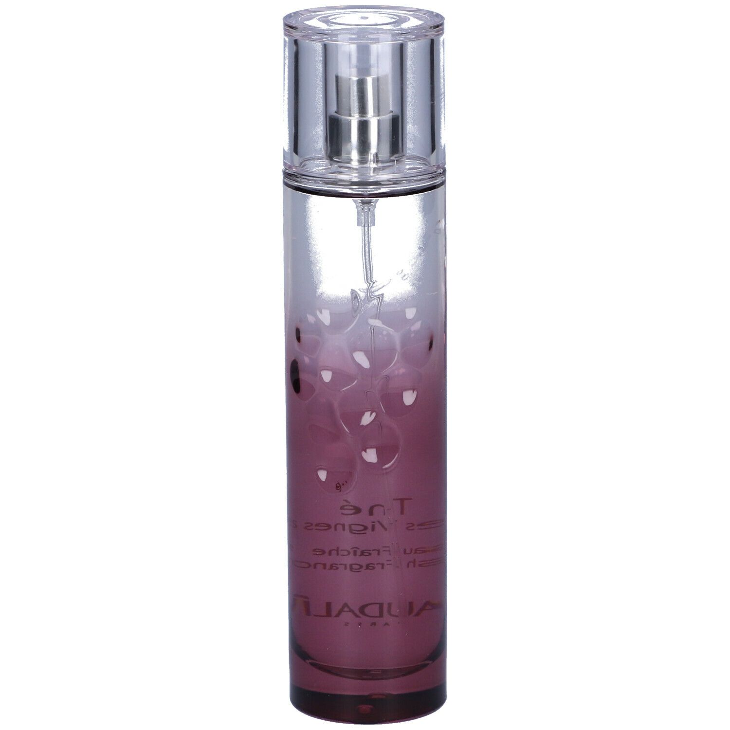 Flacone Caudalie Thé des Vignes Eau Fraîche. Sfumatura rosa, tappo trasparente, sfondo bianco.