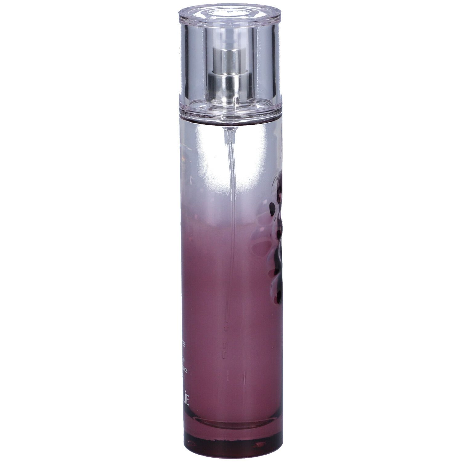 Flacone Caudalie Thé des Vignes Eau Fraîche. Sfumatura rosa, tappo trasparente, sfondo bianco.