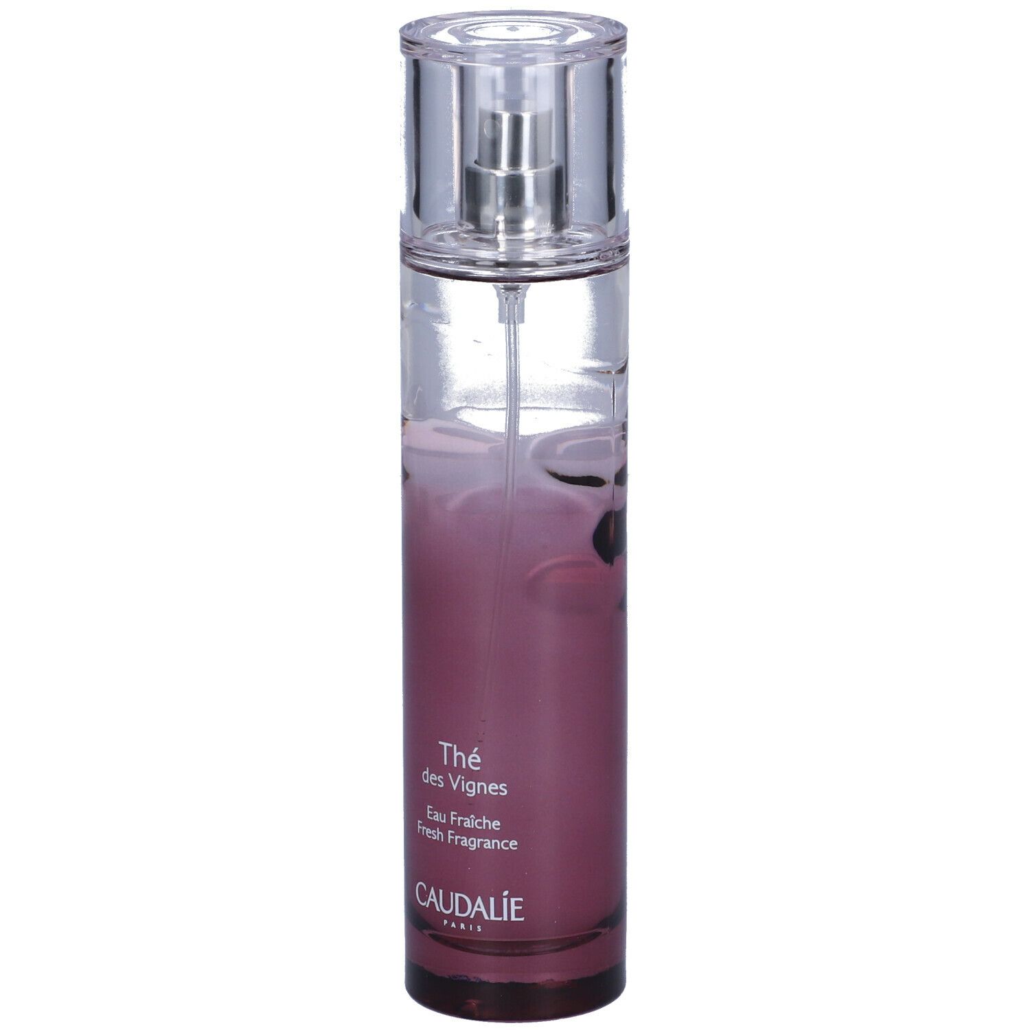 Flacone Caudalie Thé des Vignes Eau Fraîche. Sfumatura rosa, tappo trasparente, sfondo bianco.