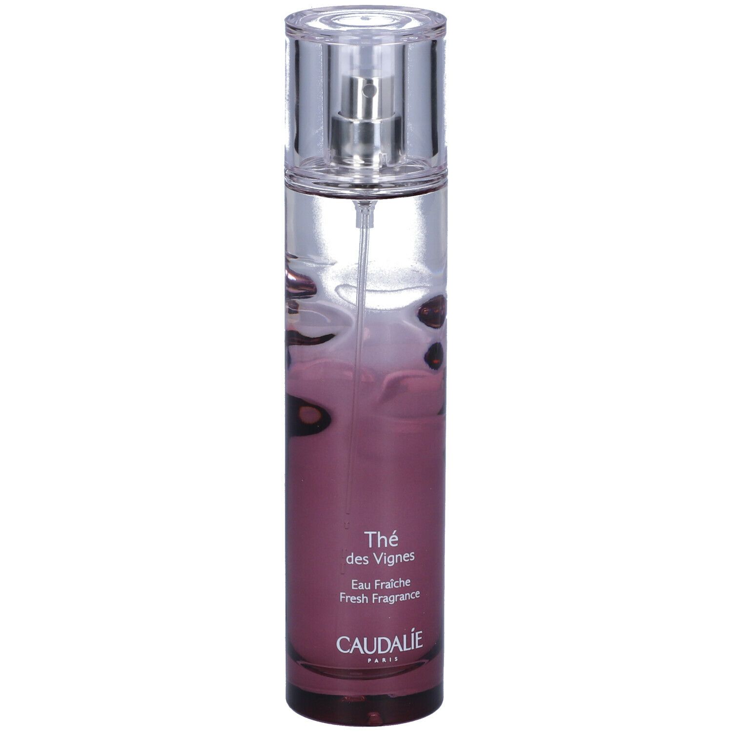 Flacone Caudalie Thé des Vignes Eau Fraîche. Sfumatura rosa, tappo trasparente, sfondo bianco.