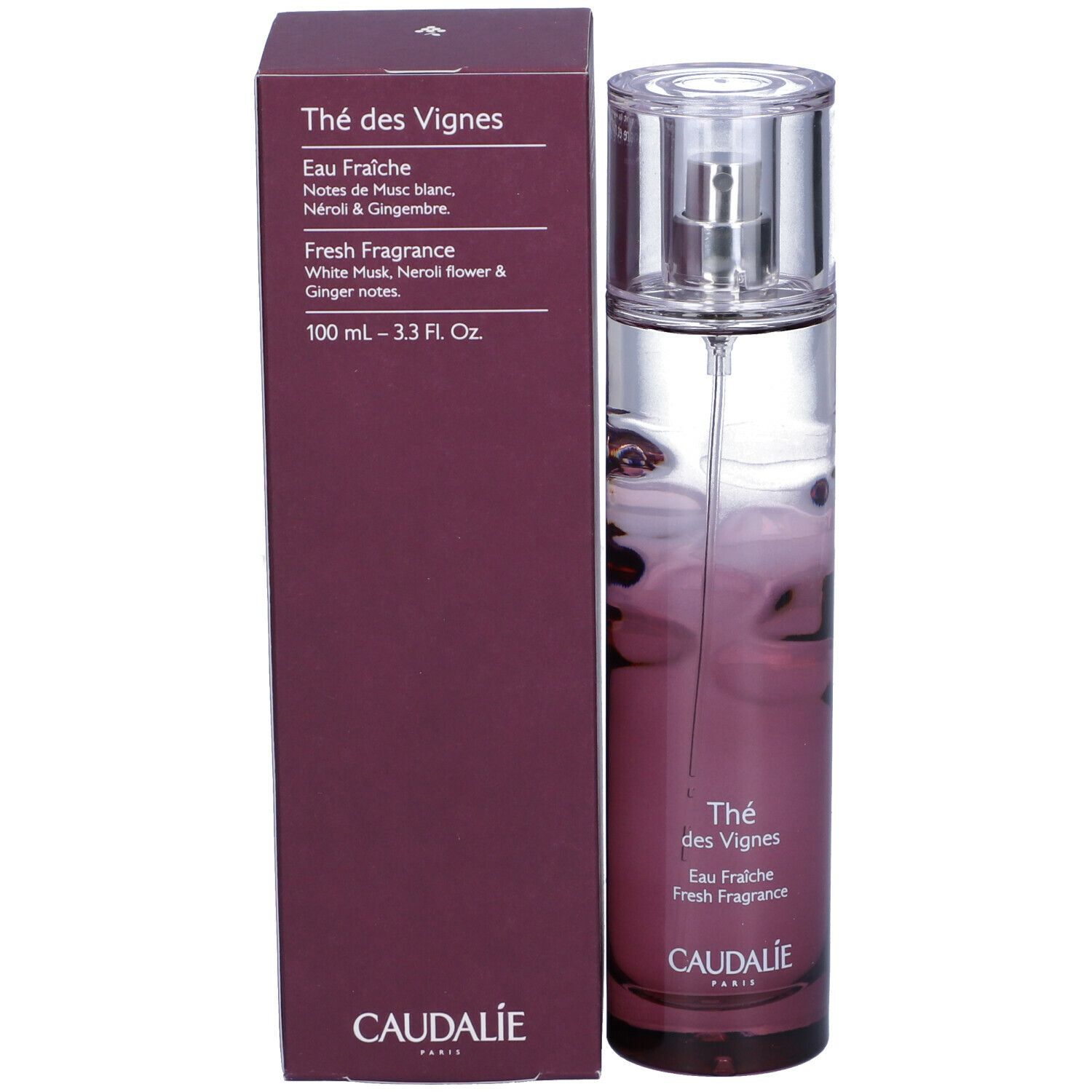 Flacone Caudalie Thé des Vignes Eau Fraîche. Sfumatura rosa, tappo trasparente, sfondo bianco.