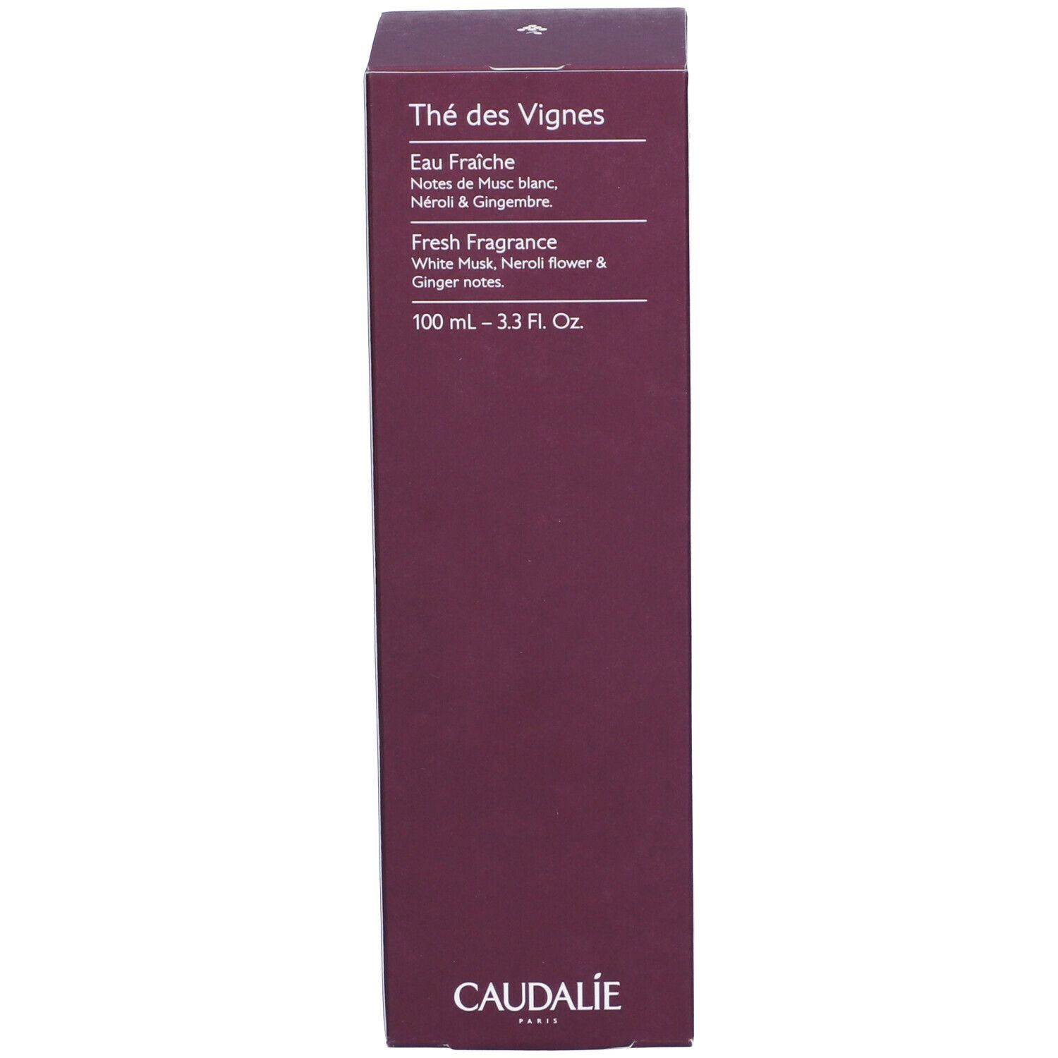 Confezione Caudalie Thé des Vignes Eau Fraîche. Viola, testo, sfondo bianco.