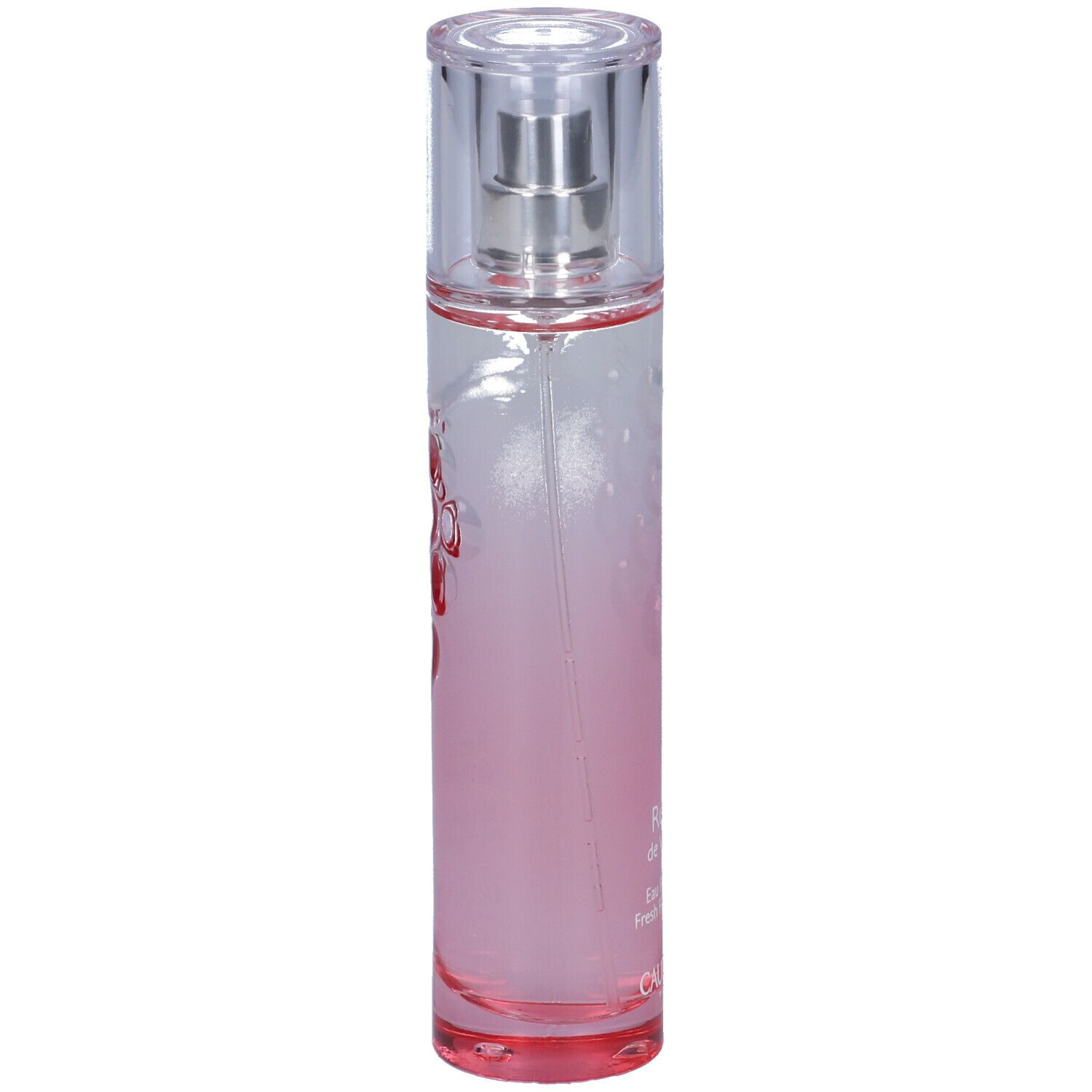 Liquido rosa in flacone trasparente con vaporizzatore. Scritta Rose de Vigne e Caudalie.