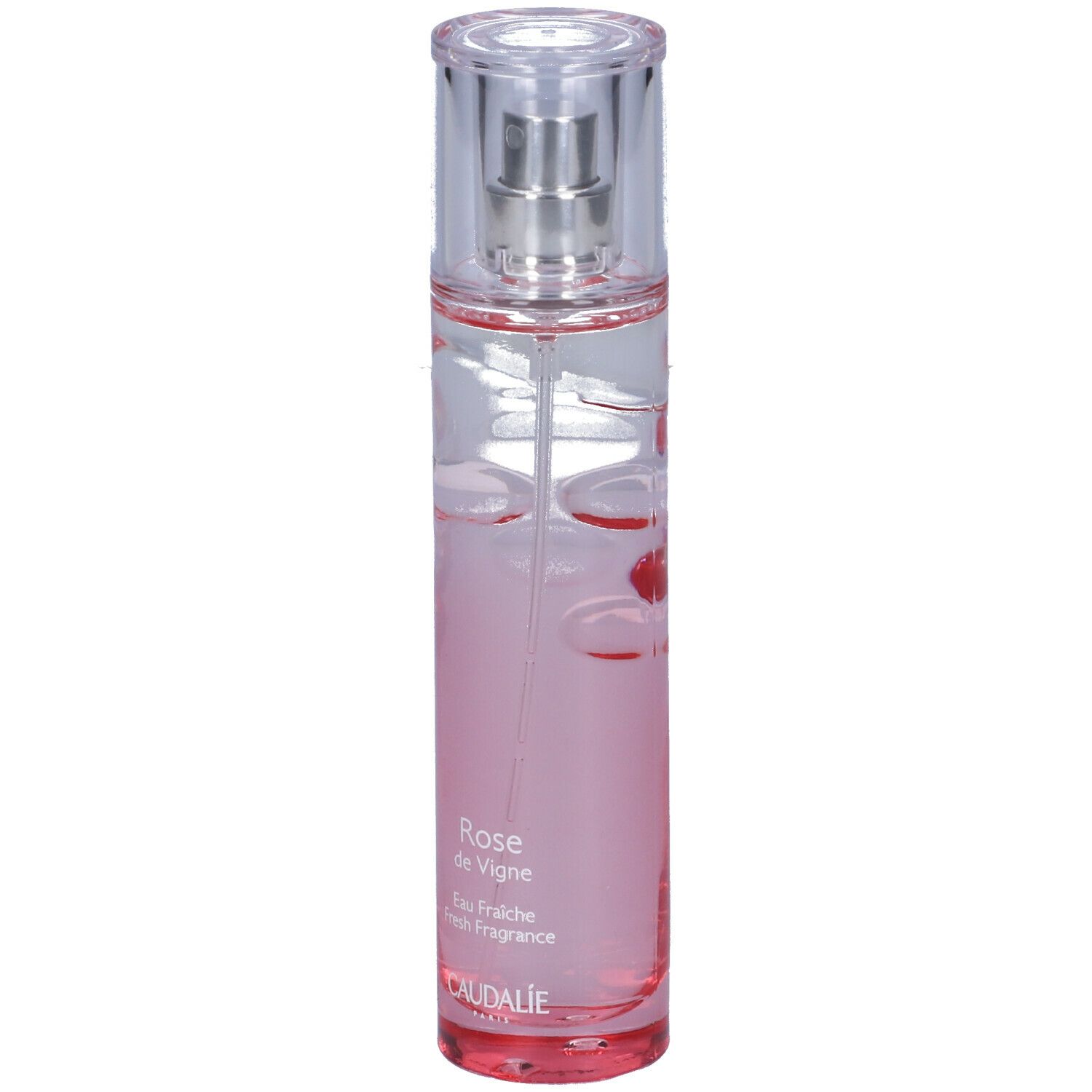 Liquido rosa in flacone trasparente con vaporizzatore. Scritta Rose de Vigne e Caudalie.