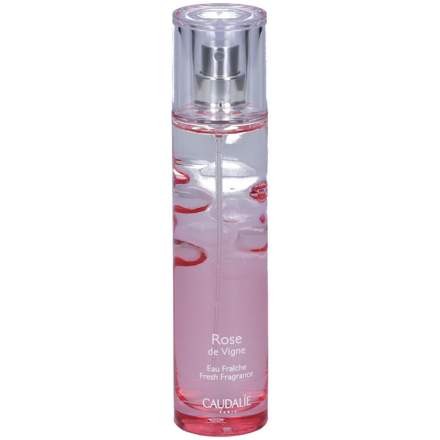 Liquido rosa in flacone trasparente con vaporizzatore. Scritta Rose de Vigne e Caudalie.