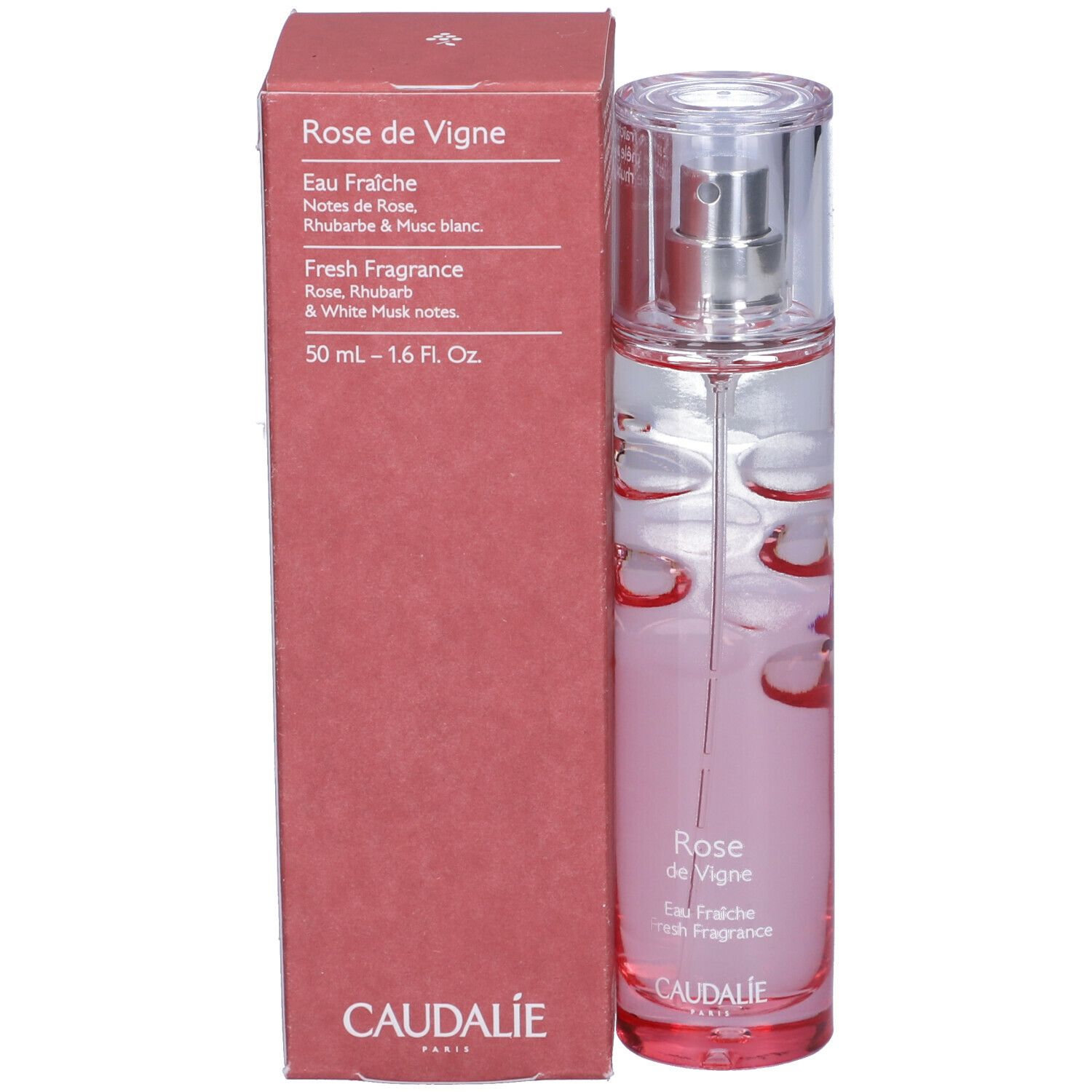 Liquido rosa in flacone trasparente con vaporizzatore. Scritta Rose de Vigne e Caudalie. Scatola rosa.