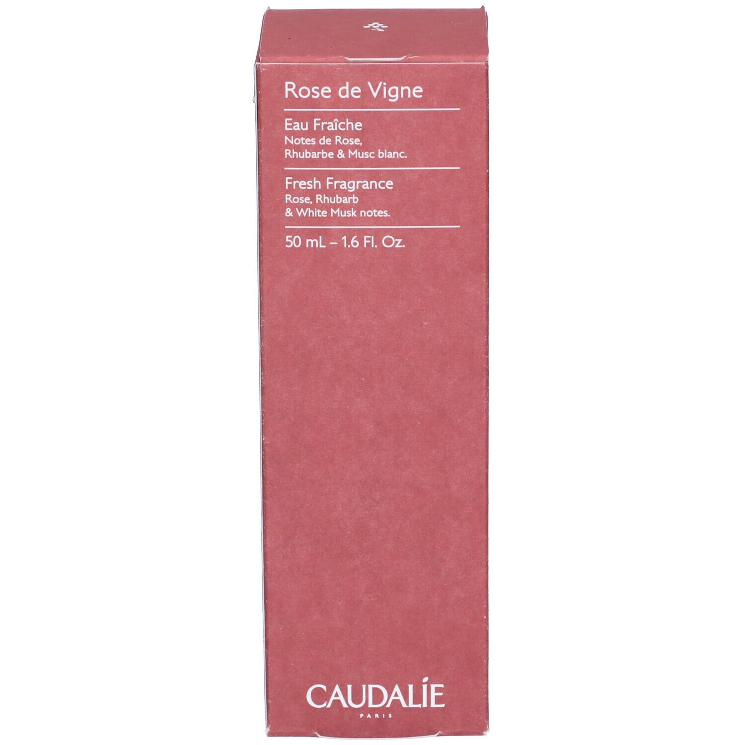 Scatola rosa con informazioni e logo Caudalie. Testo: Rose de Vigne, Eau Fraiche, 50 ml.