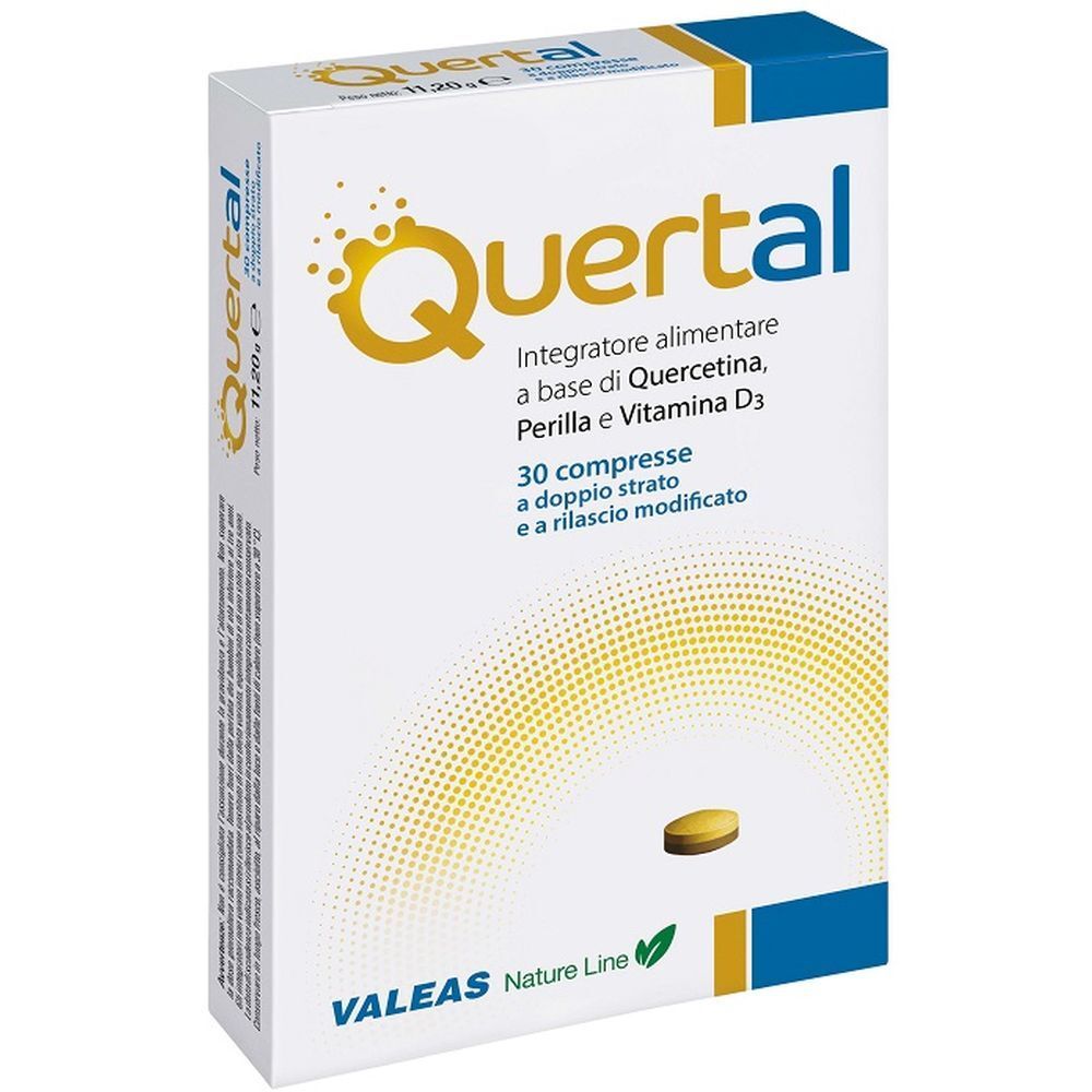 Scatola di compresse Quertal. Scritta: Integratore alimentare, 30 compresse. Marchio: Valeas.