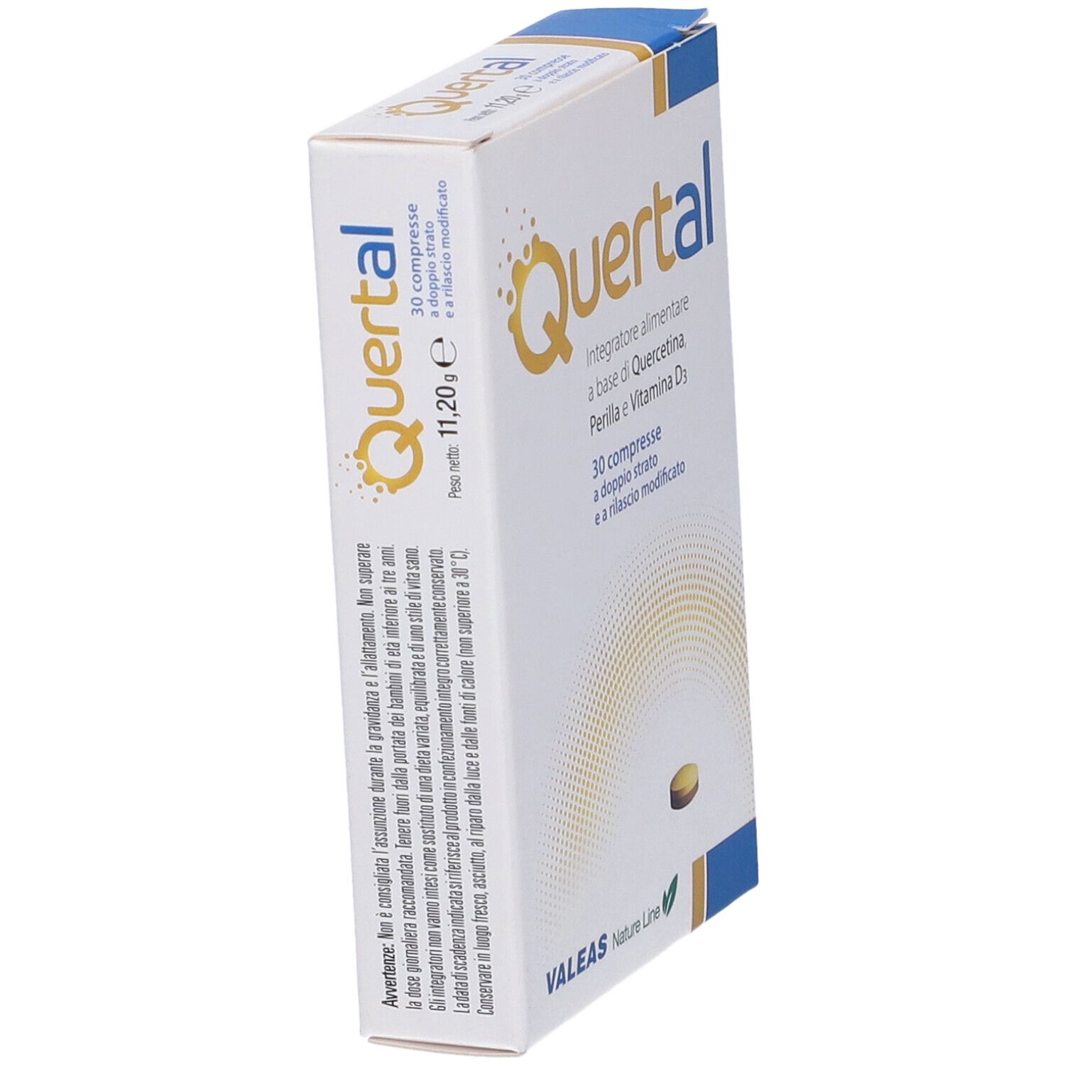Confezione di compresse Quertal. Scritta: Integratore alimentare, 30 compresse. Marchio: Valeas. Vista prospettica.