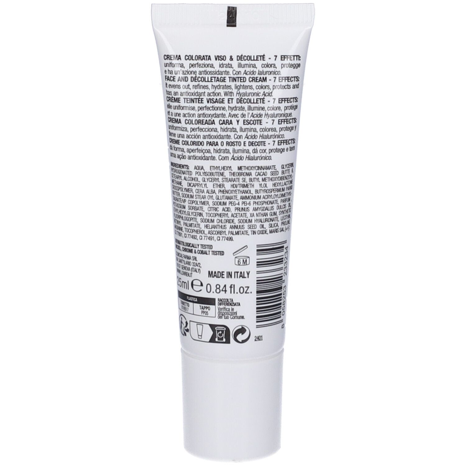 Weiße Tube mit getöntem Gesichts- und Dekolleté-Creme, 7 Effekte, 25ml, Made in Italy.
