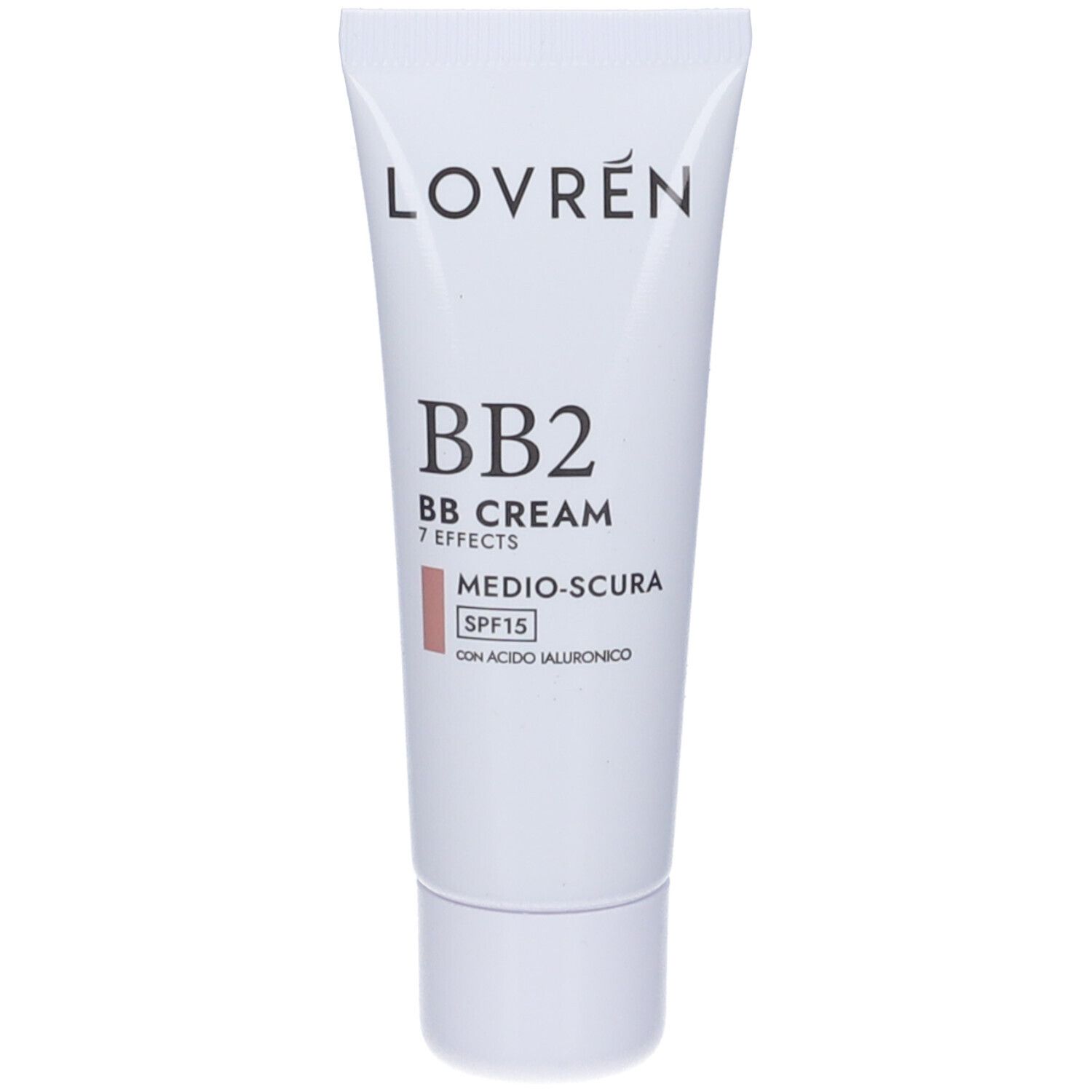 Tubo bianco con 'LOVRÉN', 'BB2', 'BB CREAM 7 EFFECTS' e 'MEDIO-SCURA'. SPF15. Con acido ialuronico.