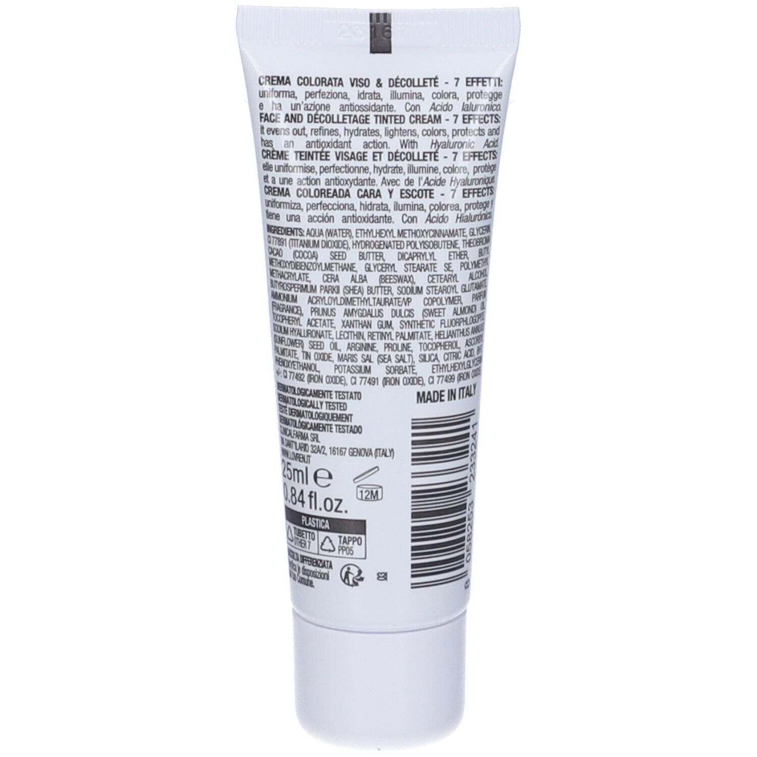 Retro del tubo. Testo multilingue. Contiene ingredienti e informazioni. '15ml e 0.84 fl.oz.'
