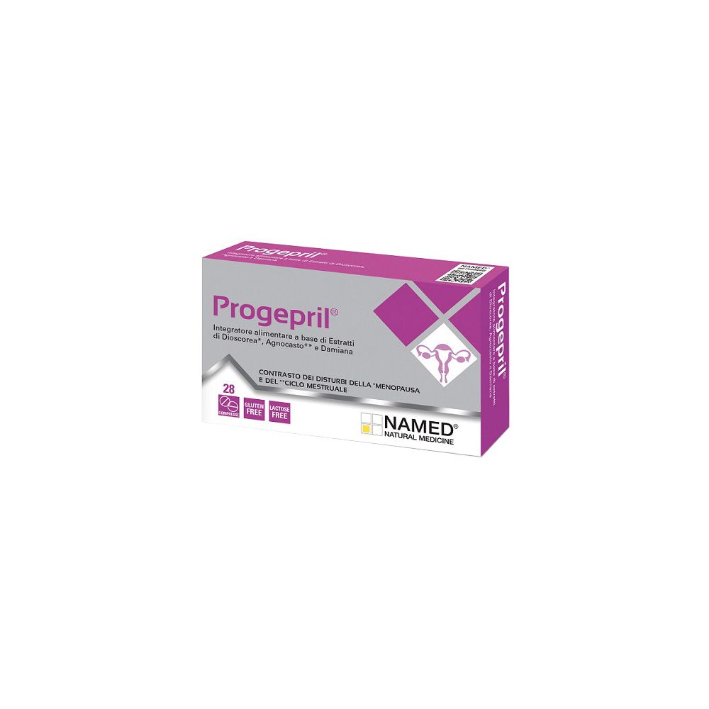 Scatola di compresse Progepril. Confezione rosa e grigia con logo e informazioni. 28 compresse, senza glutine, senza lattosio.
