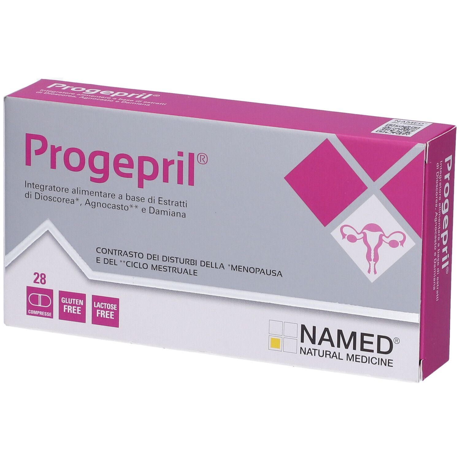 Scatola Progepril, rosa e grigia. Contiene 28 compresse. Senza glutine e lattosio. Logo e informazioni prodotto.