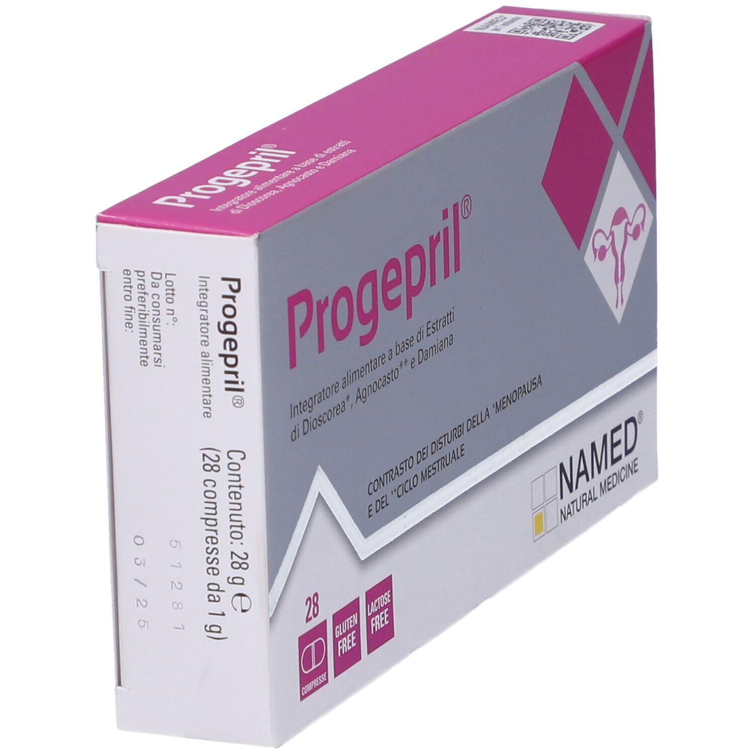 Scatola Progepril, rosa e grigia. Contiene 28 compresse. Senza glutine e lattosio. Logo e informazioni prodotto.