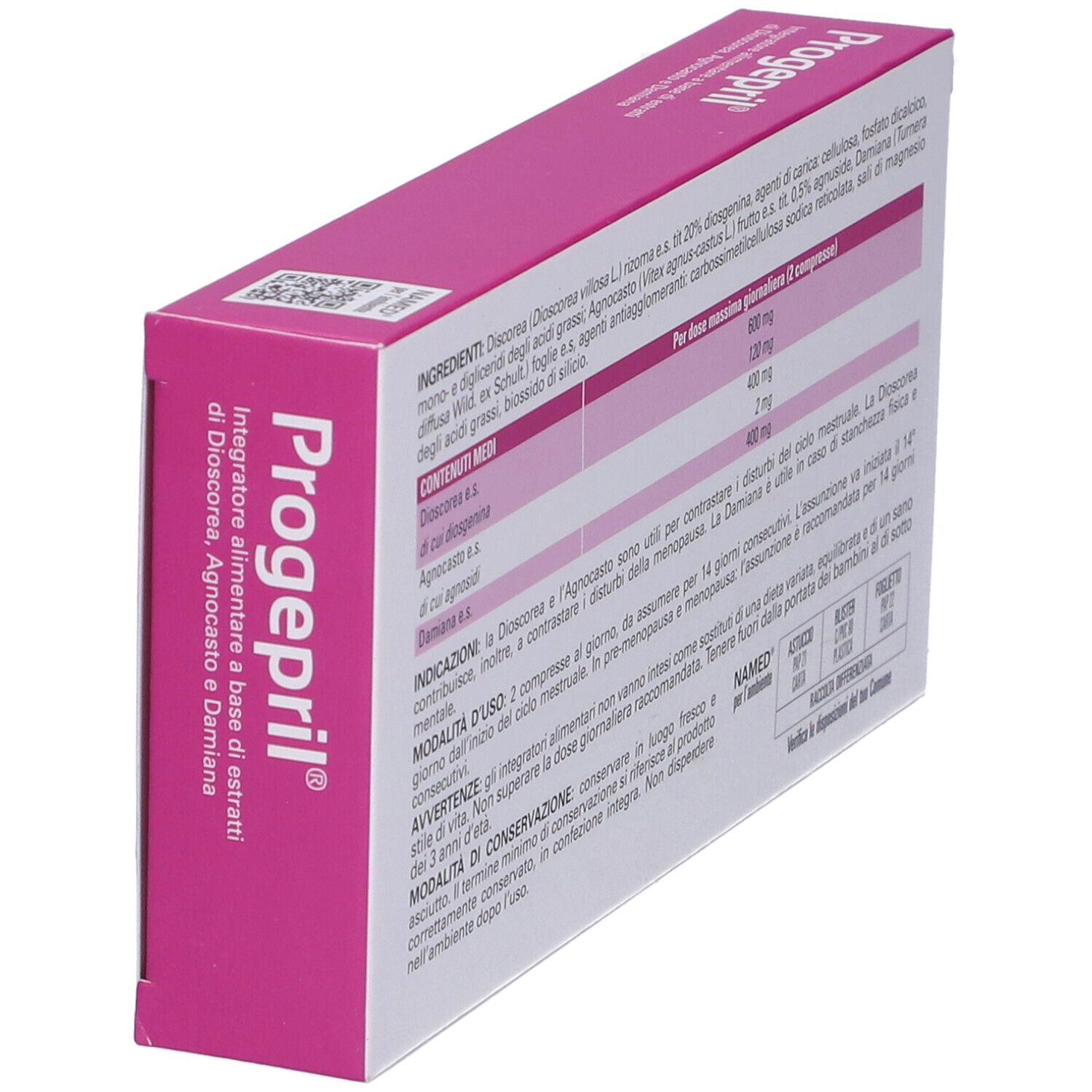 Scatola Progepril, rosa e grigia. Contiene 28 compresse. Senza glutine e lattosio. Logo e informazioni prodotto.