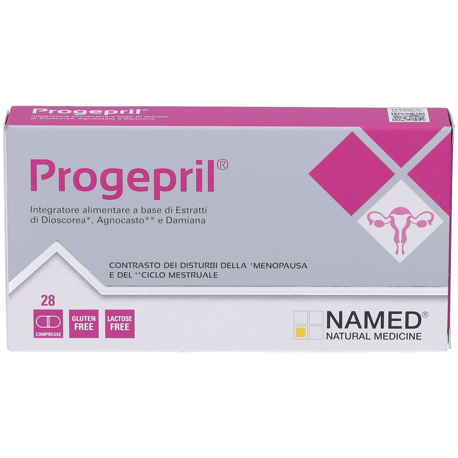 Scatola Progepril, rosa e grigia. Contiene 28 compresse. Senza glutine e lattosio. Logo e informazioni prodotto.