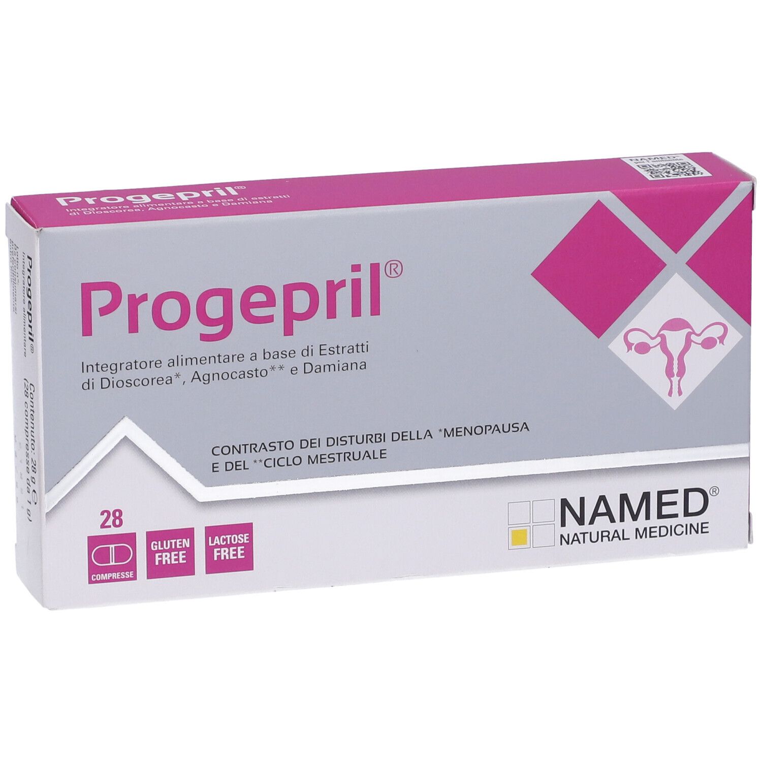 Scatola Progepril, rosa e grigia. Contiene 28 compresse. Senza glutine e lattosio. Logo e informazioni prodotto.