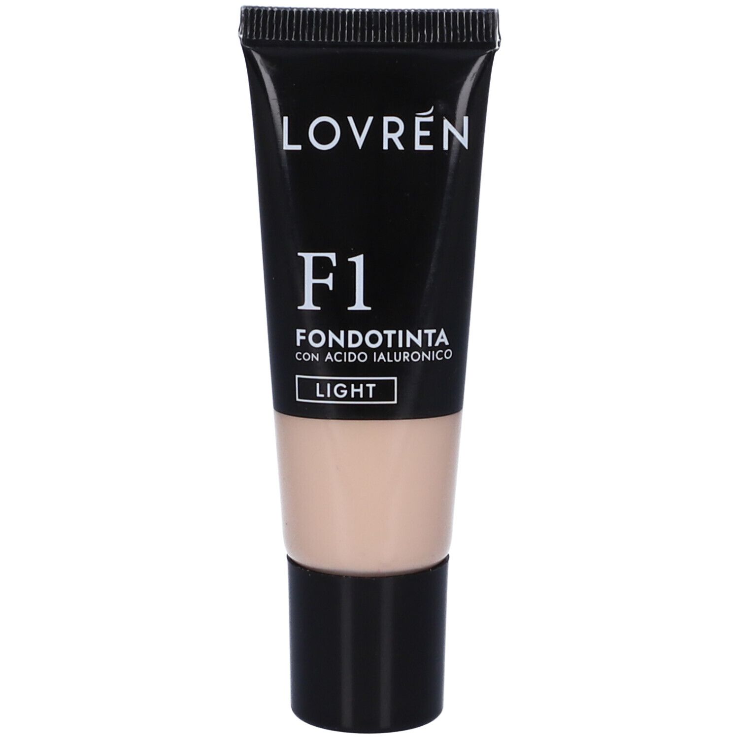 Tubo nero con scritta "LOVRÉN" e "F1 LIGHT". Contiene fondotinta liquido chiaro.