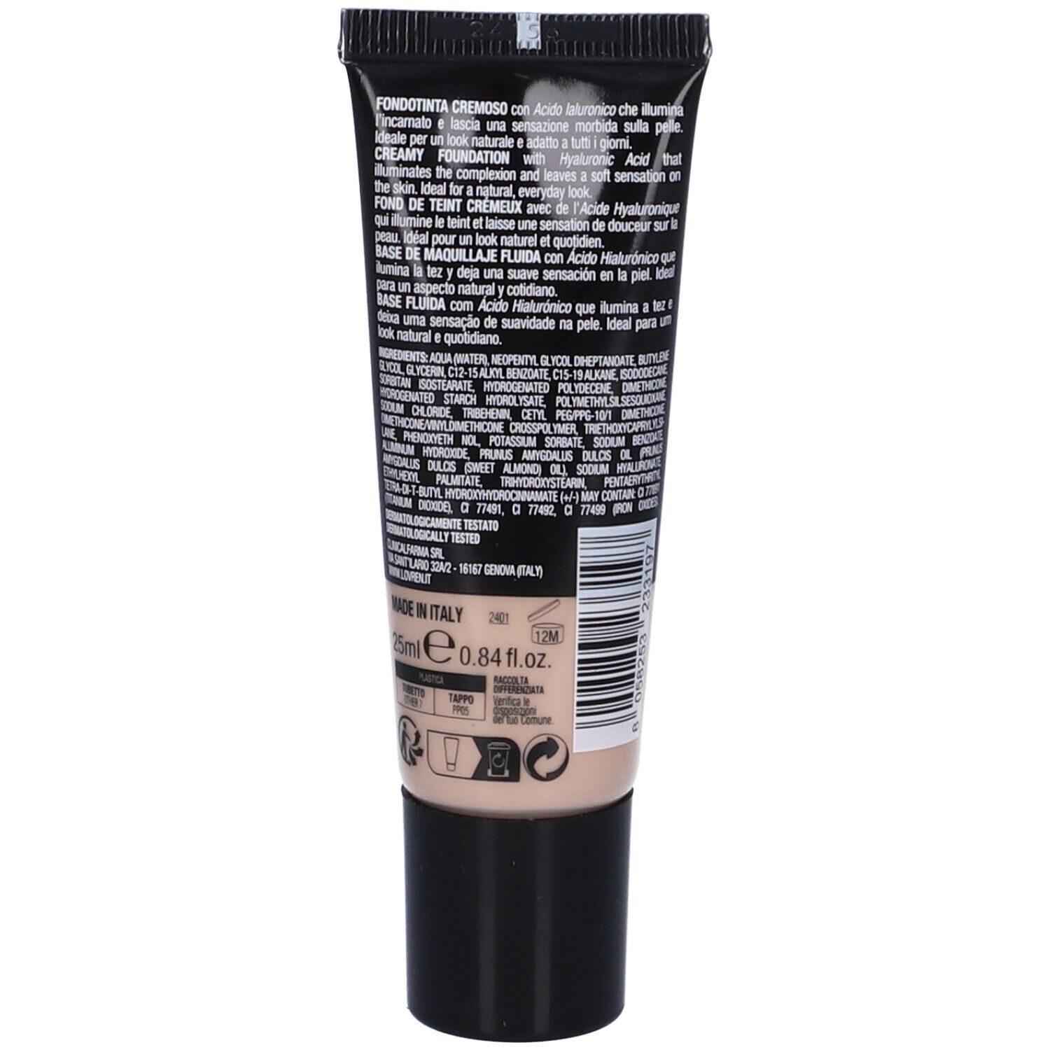 Retro del tubo nero con testo e ingredienti. Contiene fondotinta liquido chiaro.