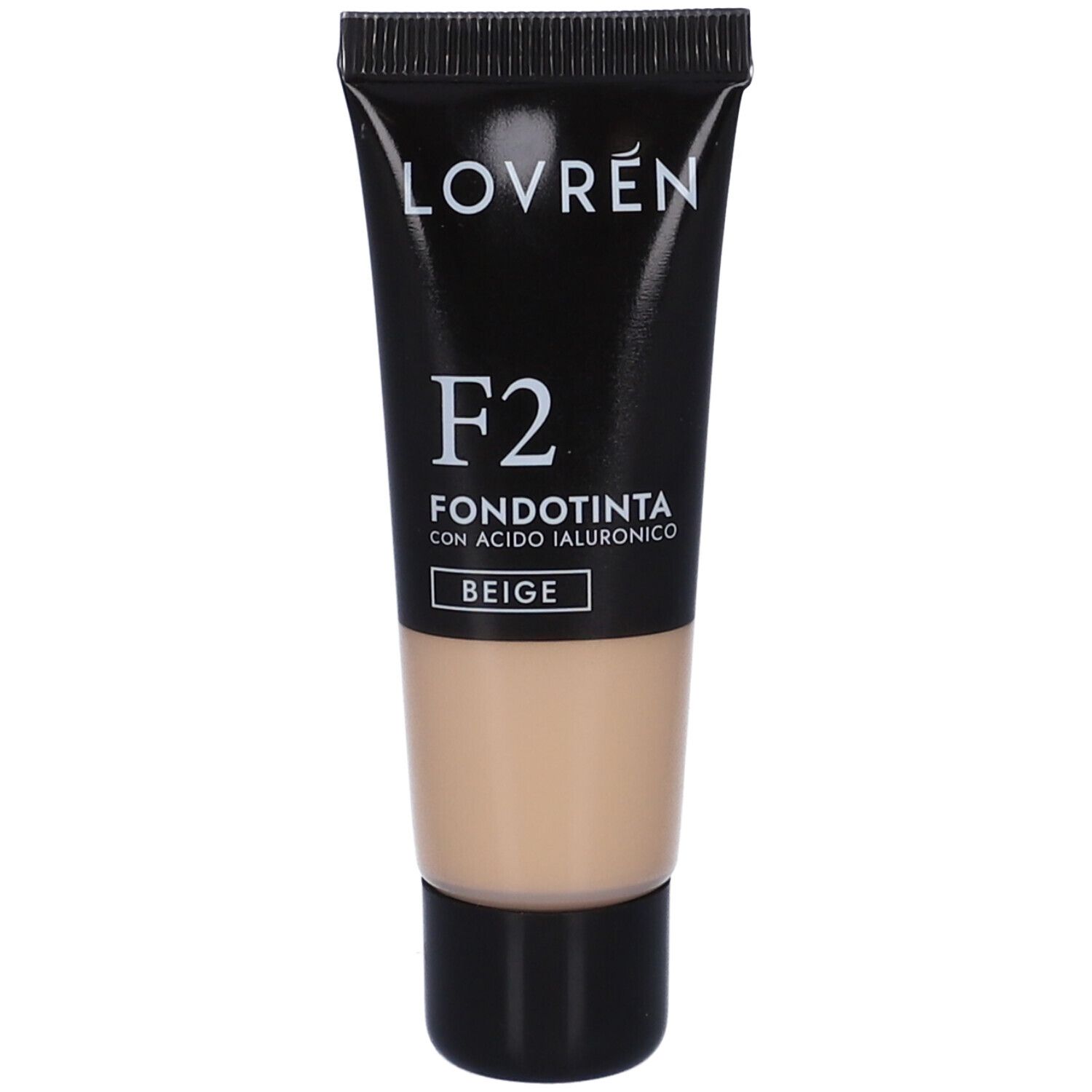 Tubo fondotinta beige. Tappo nero, scritta bianca: Lovrén, F2, Fondotinta, Beige. Identificazione prodotto.