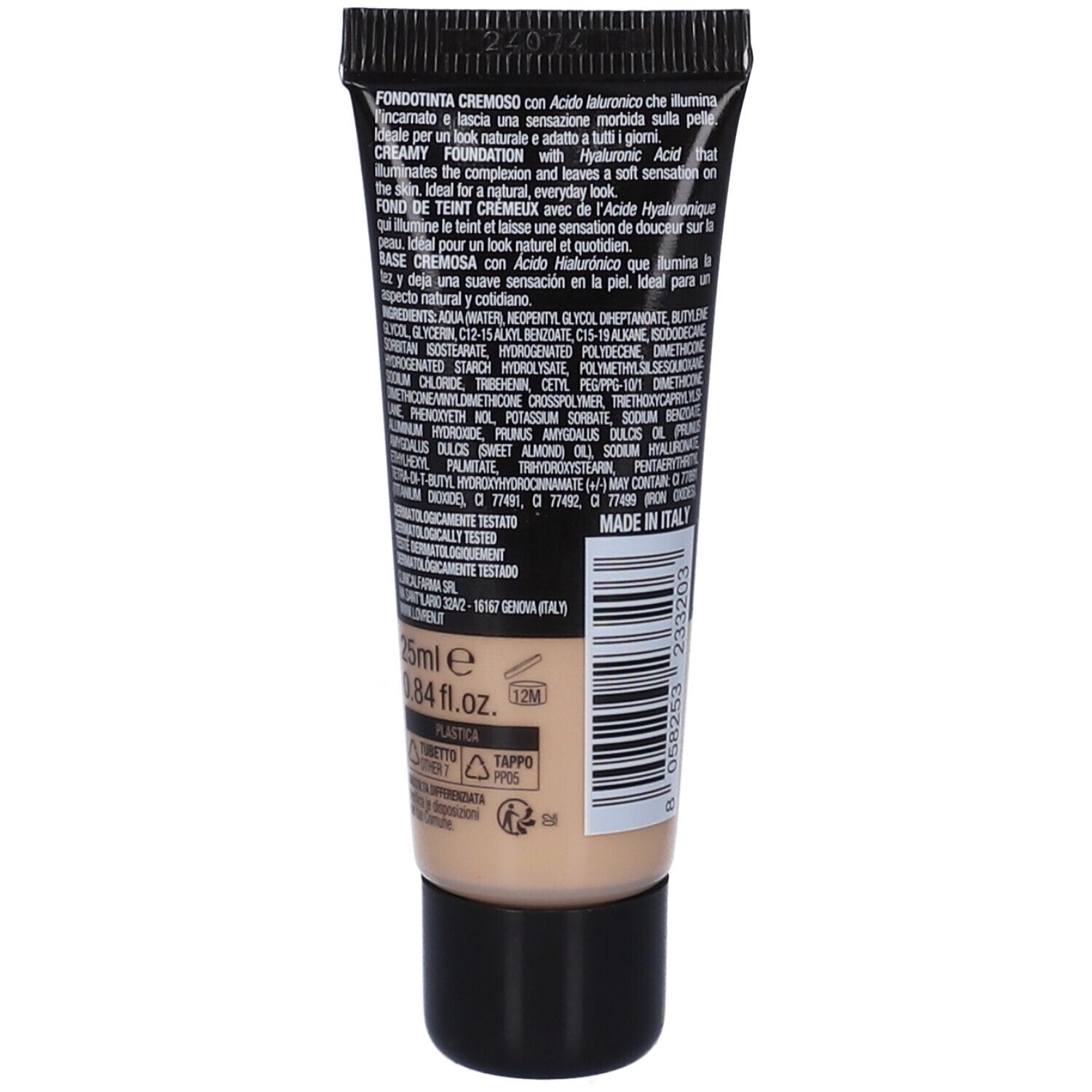 Retro del tubo fondotinta. Testo con ingredienti e informazioni produttore. Colore beige del prodotto visibile.