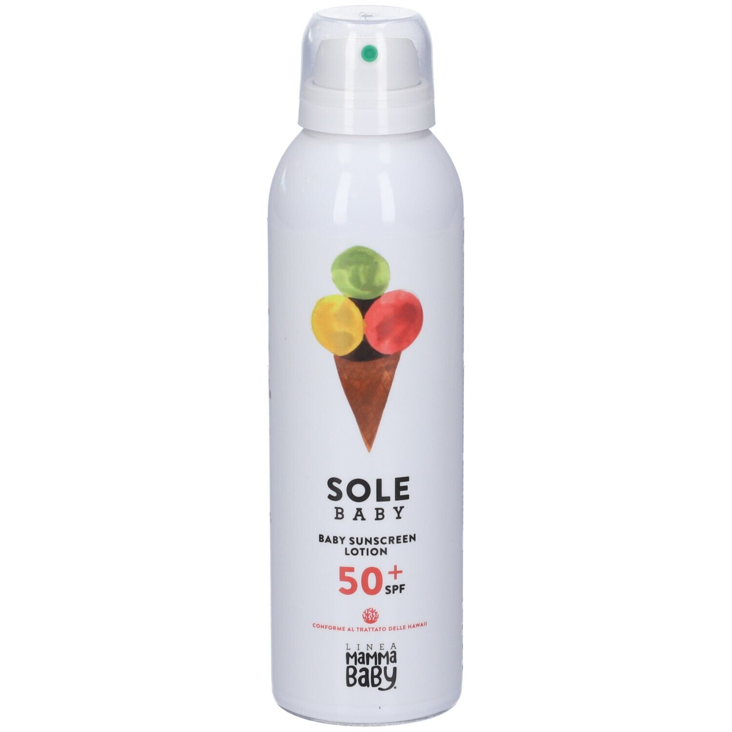 Lozione solare per neonati SPF 50+ in spray bianco con motivo gelato.