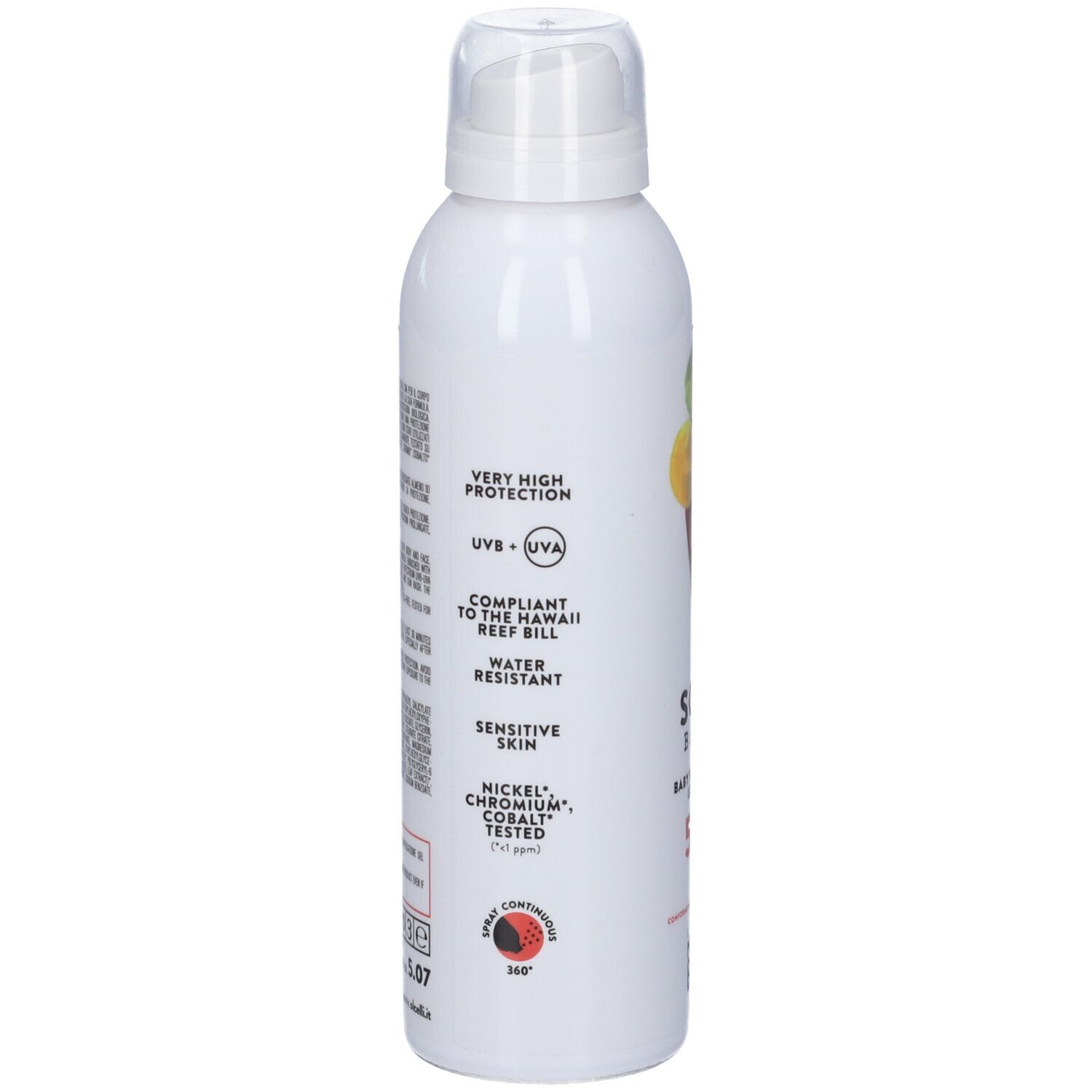 Retro dello spray: Protezione molto alta, UV-B/UVA, resistente all'acqua, per pelli sensibili.