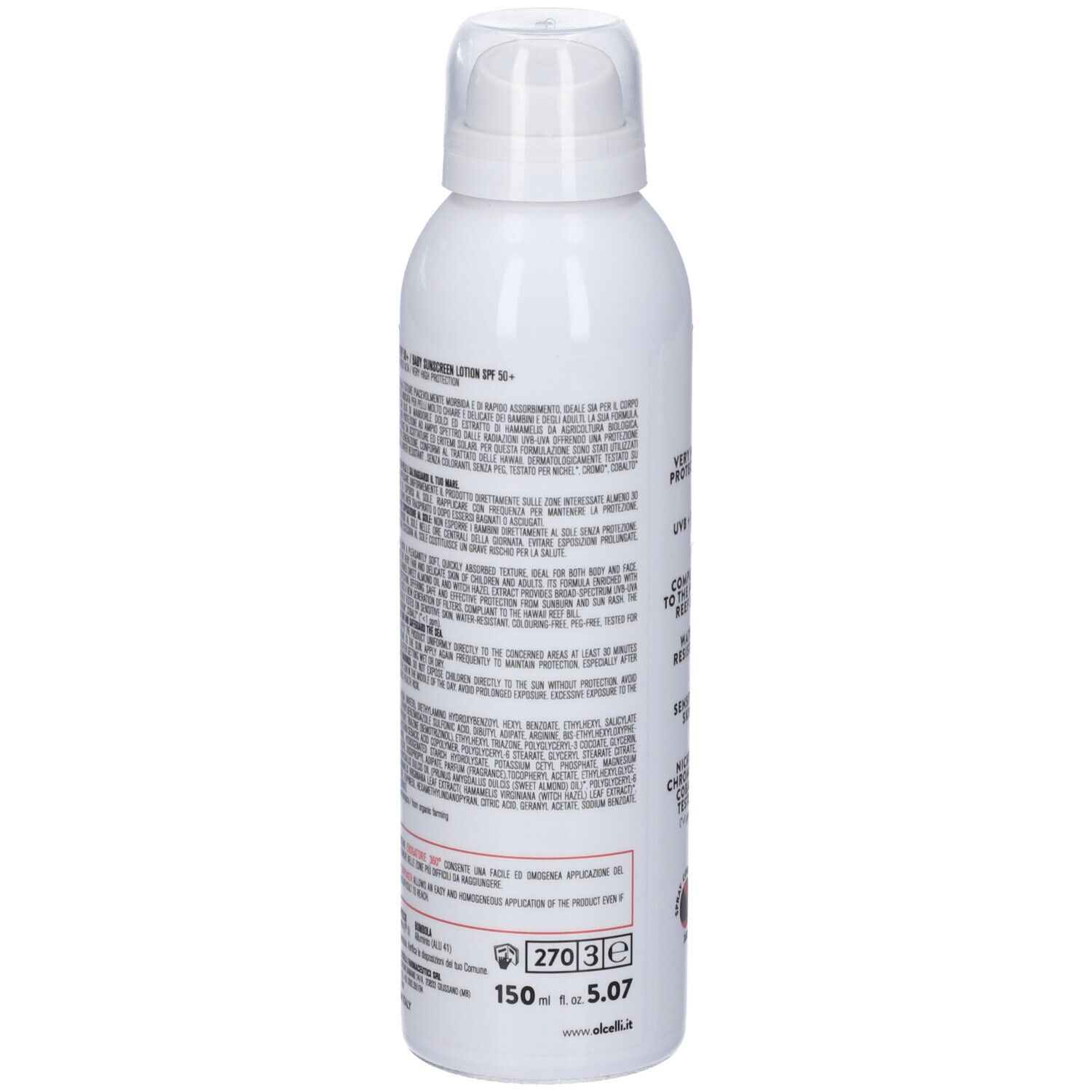 Retro dello spray: SPF 50+, 150ml, Made in Italy, con indicazioni d'uso.