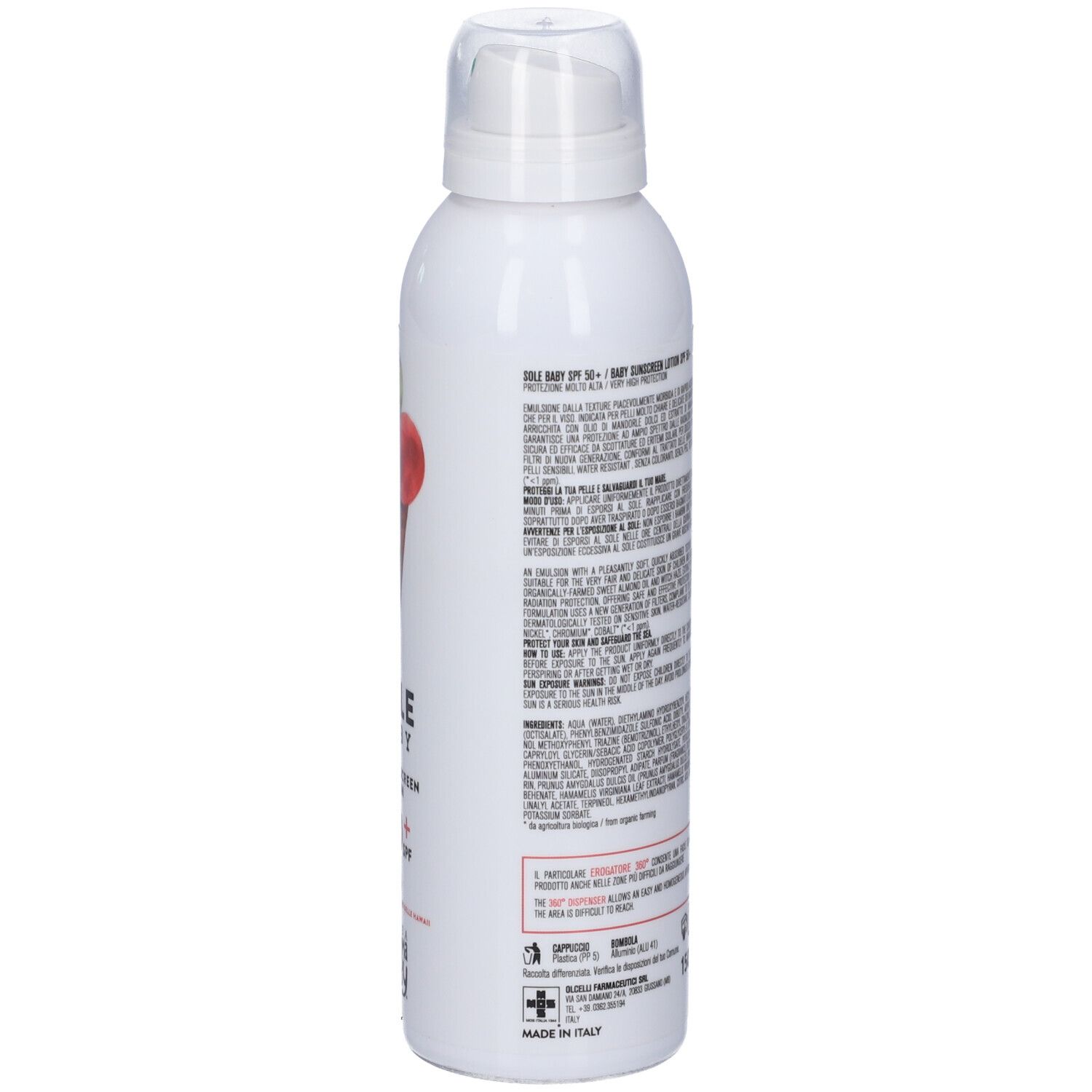 Lato dello spray: Lozione solare per neonati SPF 50+, con informazioni e sigilli.