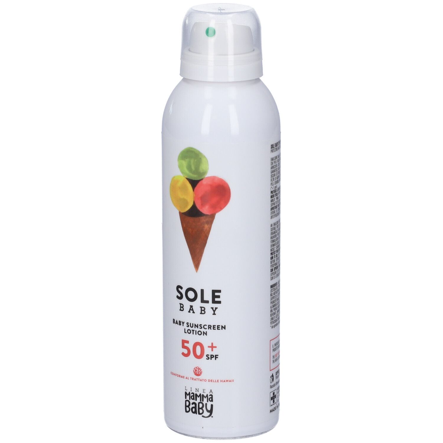 Lozione solare per neonati SPF 50+ in spray bianco con motivo gelato.