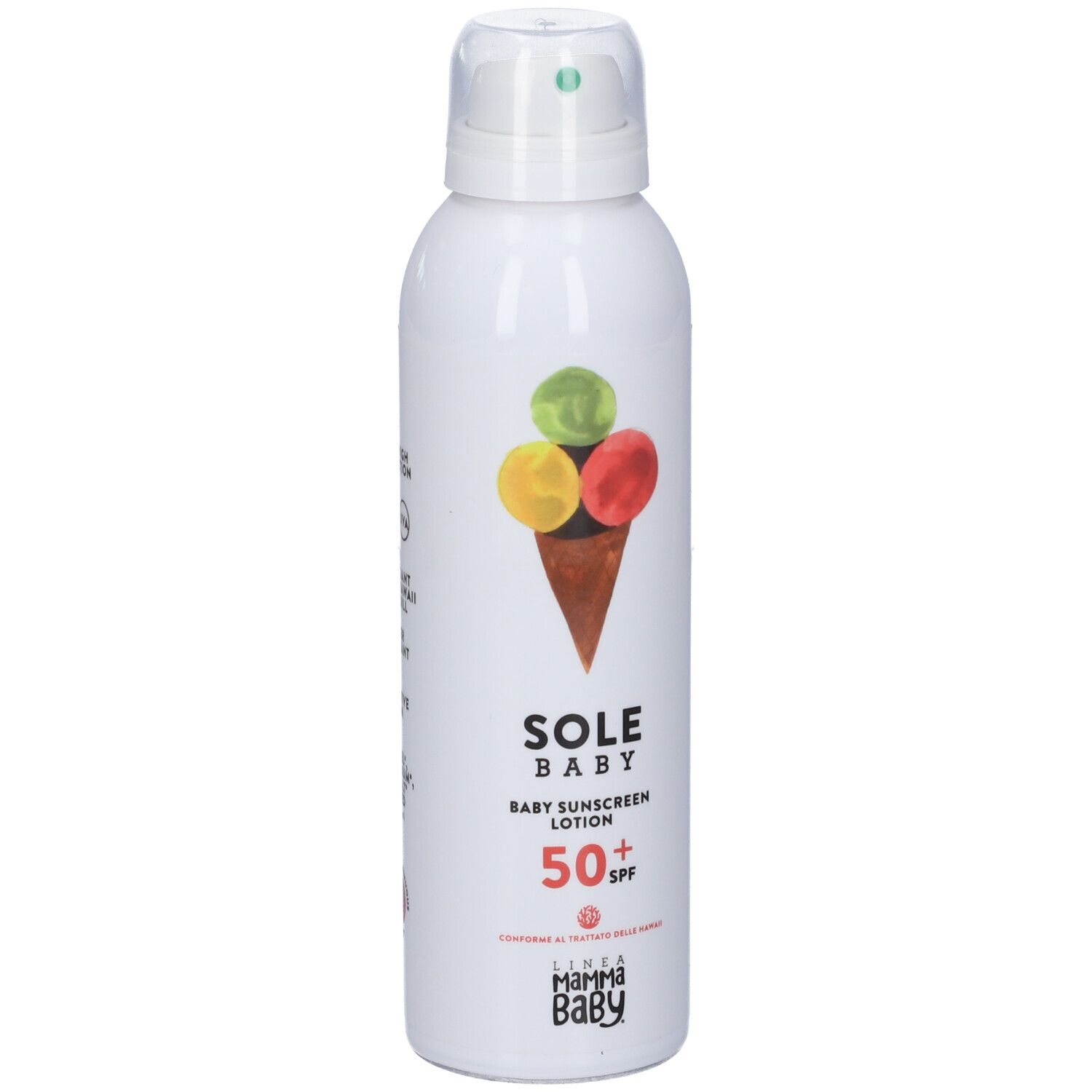 Lozione solare per neonati SPF 50+ in spray bianco con motivo gelato.