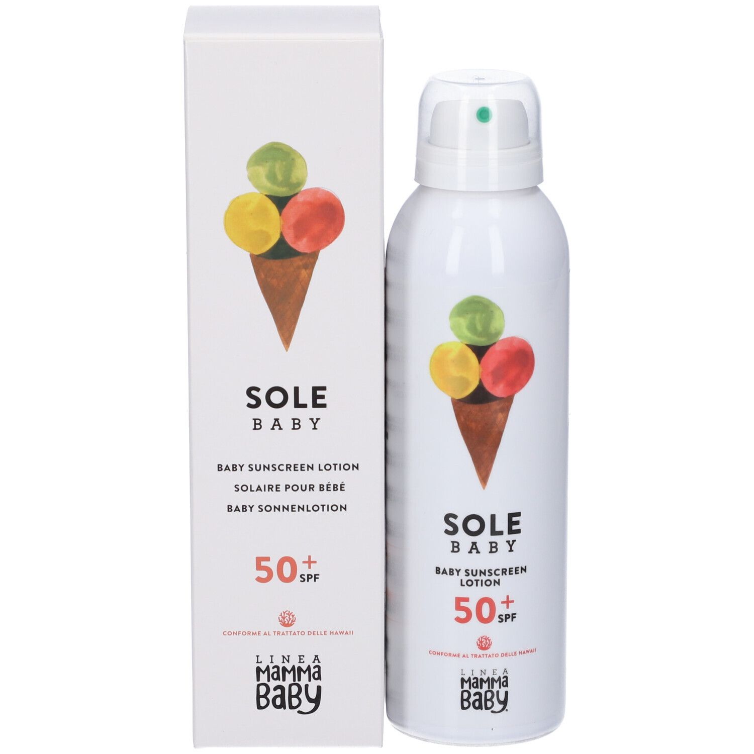 Lozione solare per neonati SPF 50+ accanto alla confezione, entrambi con motivo gelato.