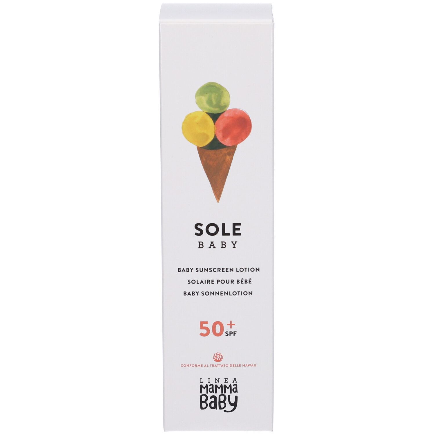 Confezione della lozione solare per neonati SPF 50+ con motivo gelato e informazioni sul prodotto.