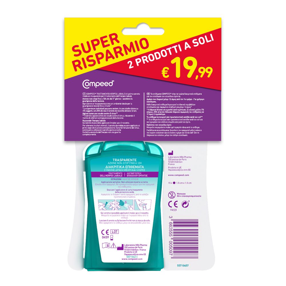 Retro della confezione Compeed per herpes labiale. Informazioni e marchio CE. Contiene 15 cerotti trasparenti.