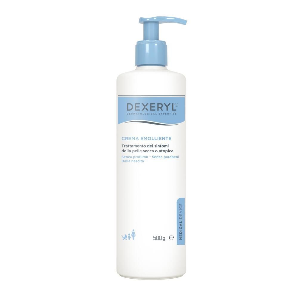 Flacone bianco con erogatore blu. Scritta: Dexeryl, Crema Emolliente. Dispositivo medico. 500g.