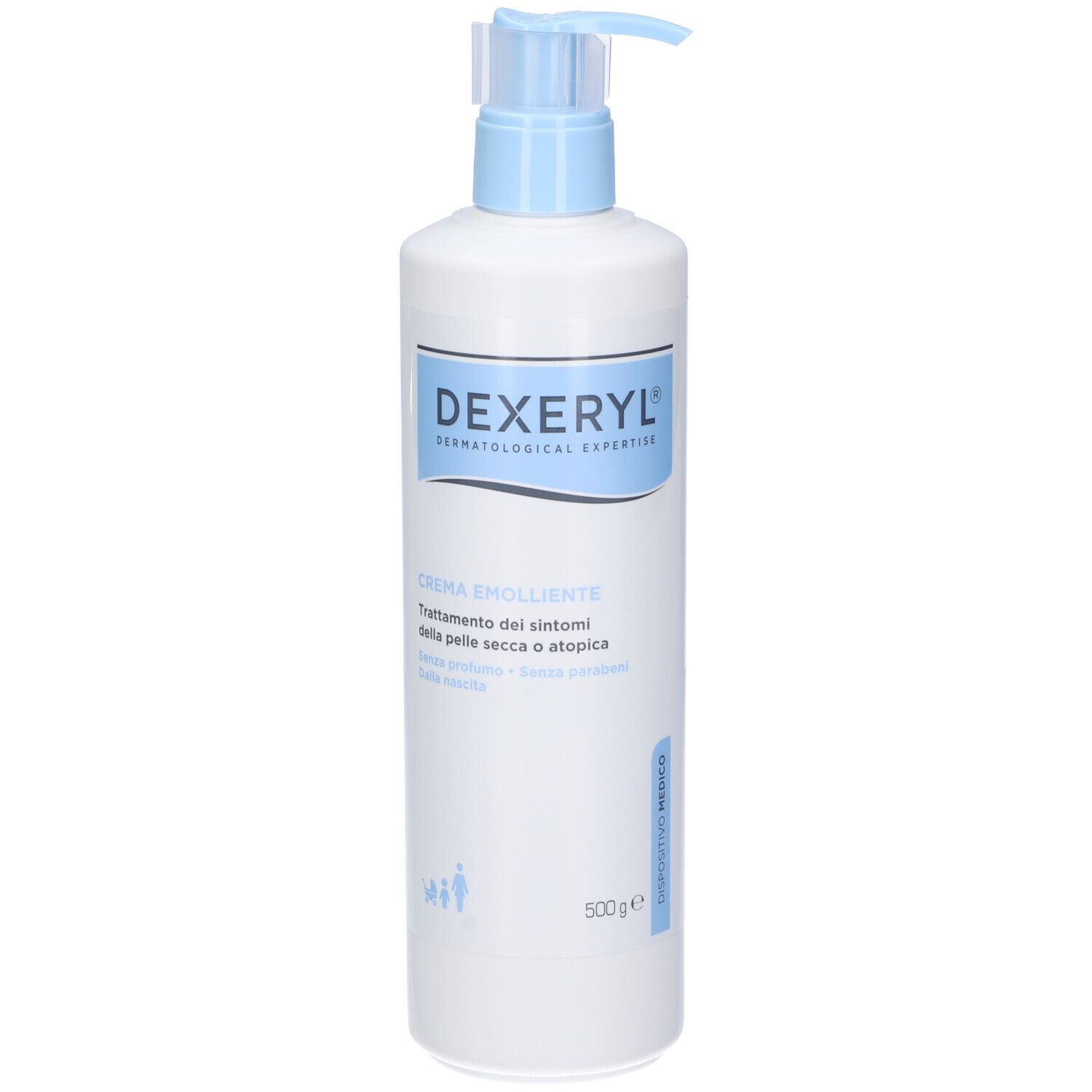Flacone bianco con erogatore blu. Scritta: Dexeryl, Crema Emolliente. Dispositivo medico. 500g.
