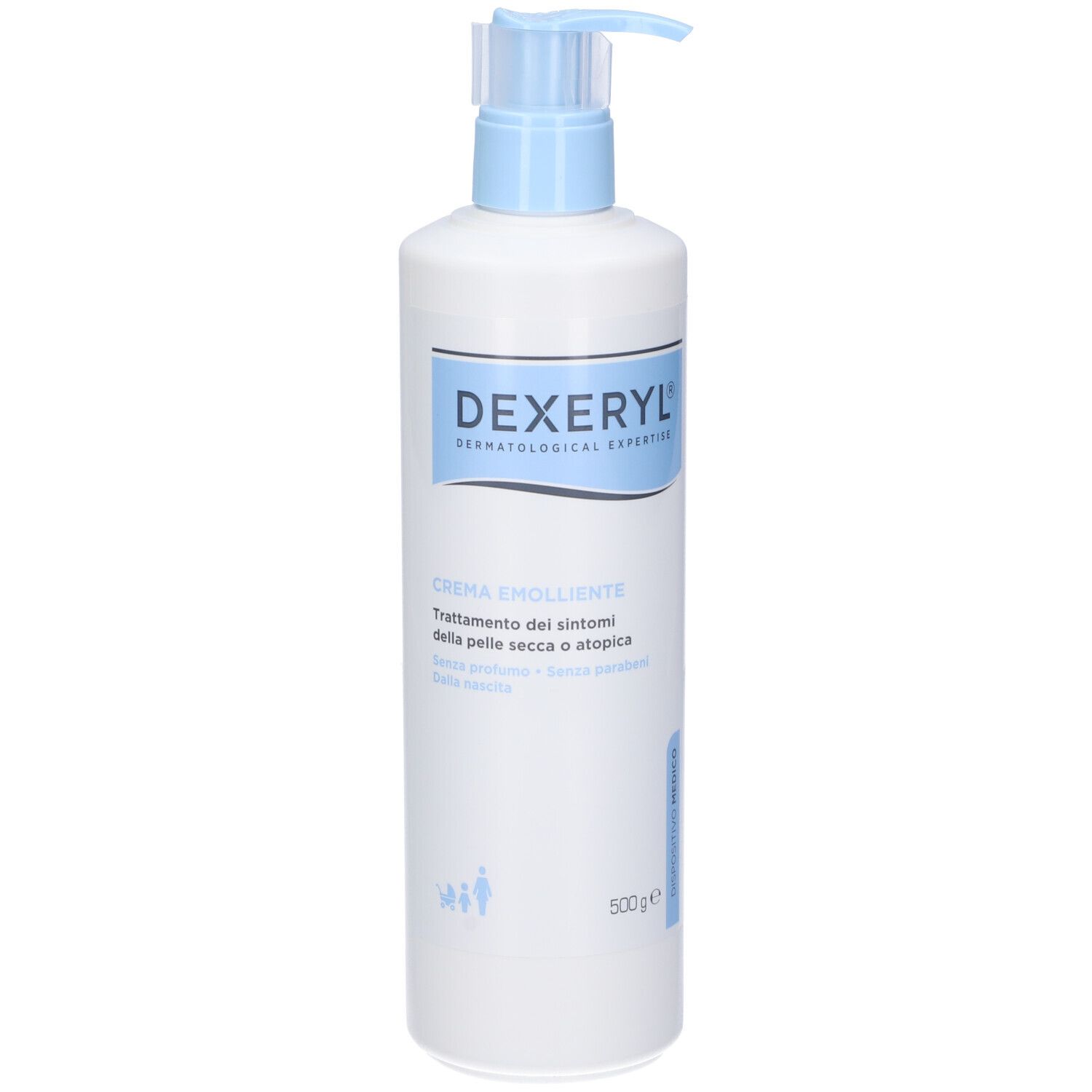 Flacone bianco con erogatore blu. Scritta: Dexeryl, Crema Emolliente. Dispositivo medico. 500g.