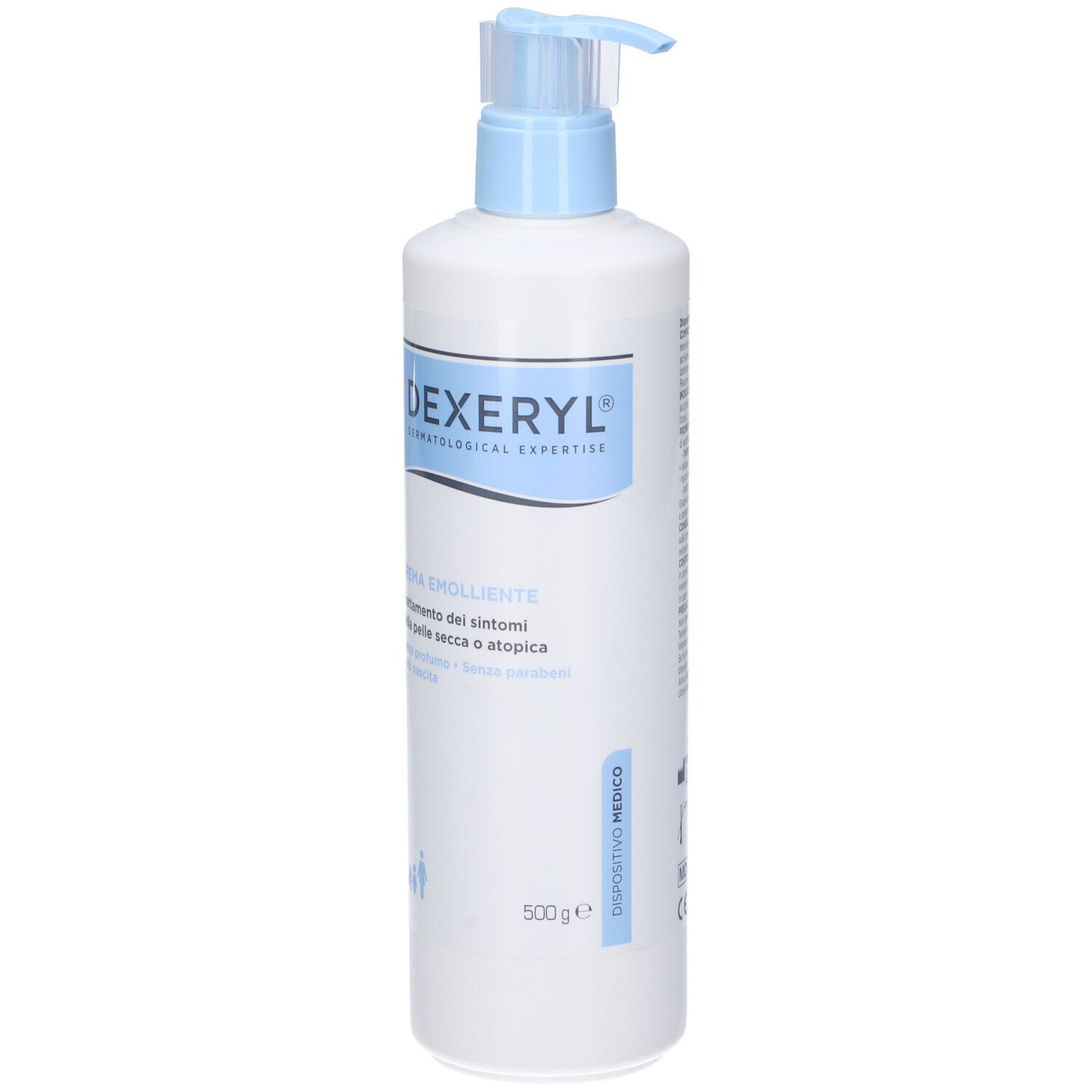 Flacone bianco con erogatore blu. Scritta: Dexeryl, Crema Emolliente. Dispositivo medico. 500g.