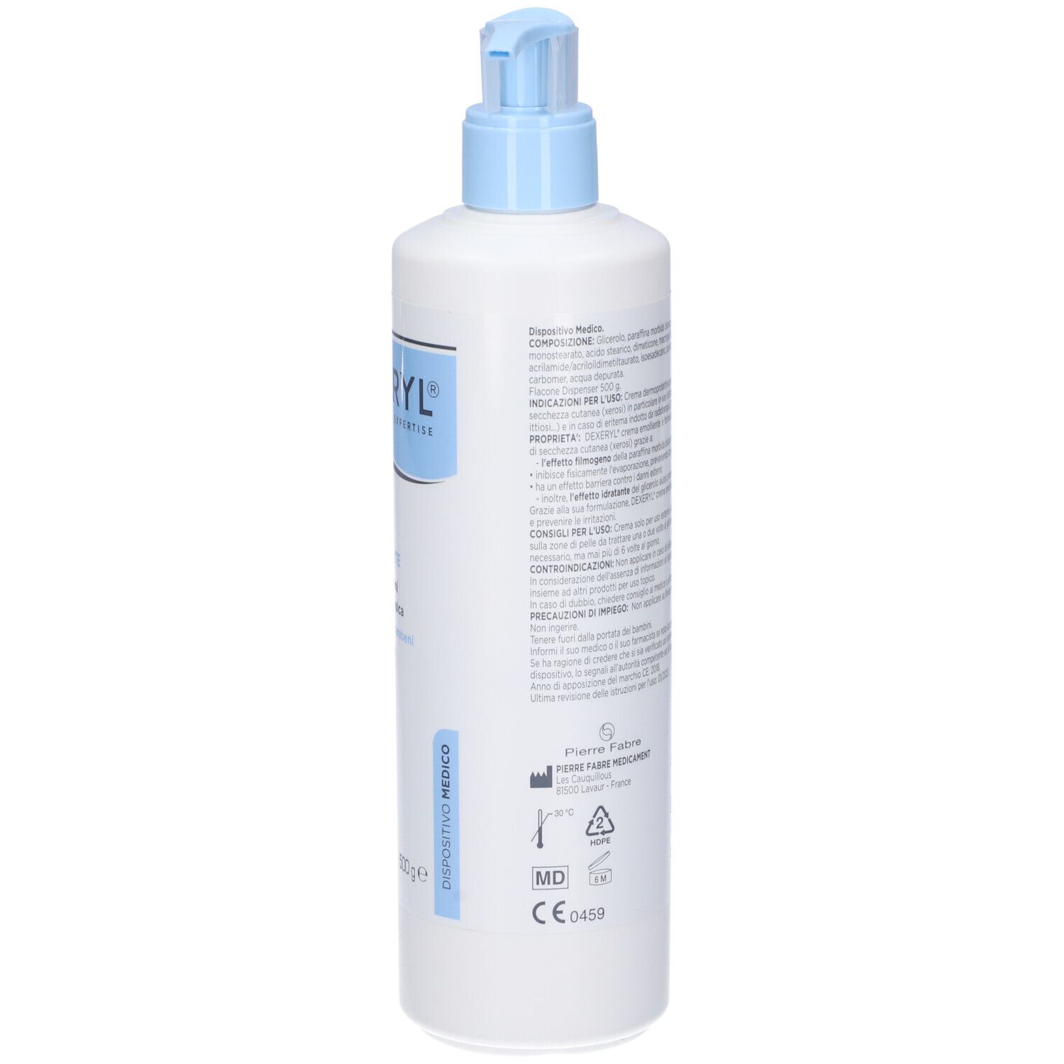 Retro di flacone bianco con erogatore blu. Testo in italiano. Marchio dispositivo medico.