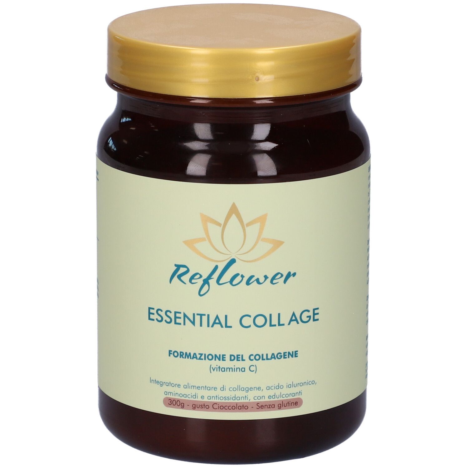 Barattolo marrone con coperchio dorato. Scritta: Reflower Essential Coll Age. Gusto cioccolato.