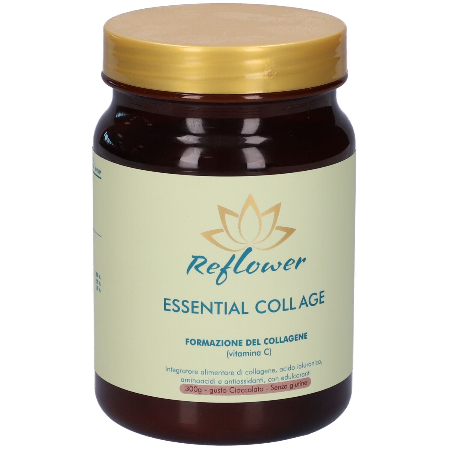Barattolo marrone con coperchio dorato. Scritta: Reflower Essential Coll Age. Gusto cioccolato.
