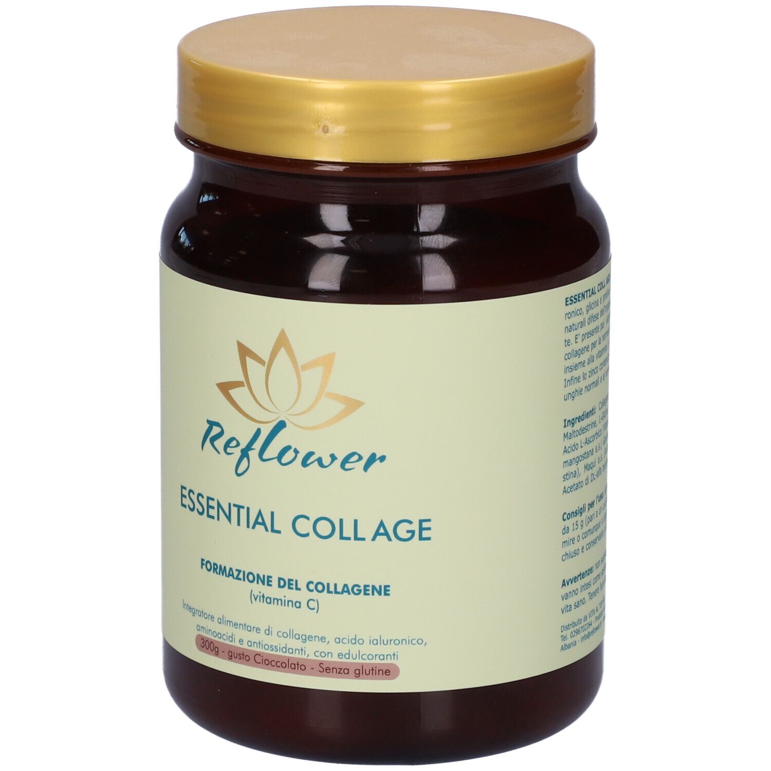 Barattolo marrone con coperchio dorato. Scritta: Reflower Essential Coll Age. Gusto cioccolato.
